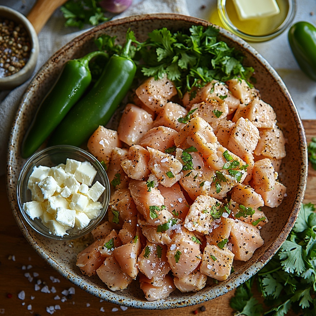 Peruvian chicken ingredients flat lay on a clean, light wood surface: vibrant and leafy fresh cilantro bunch with stems and leaves, 1-2 fresh jalapeño peppers with smooth, glossy green skin (some sliced to show seeds), creamy off-white mayonnaise in a small rustic bowl, crumbly white Cotija or Parmesan cheese scattered loosely, two peeled garlic cloves with smooth, ivory skin, a small glass bowl of bright, freshly squeezed lime juice, a small dish of golden olive oil glistening, fine sea salt crystals poured neatly beside a small wooden spoon, freshly ground black peppercorns scattered, raw boneless skinless chicken breasts with natural pink hues arranged in neat cutlets, a small bowl with a rich, warm blend of ground cumin and paprika powders, a pinch of garlic powder in a tiny white ceramic bowl, uncooked long-grain jasmine or basmati rice with a fluffy texture spilled gently in a small pile, a pat of golden butter on a clean white plate, and vibrant finely chopped cilantro in a small glass jar—all thoughtfully spaced with natural soft daylight casting gentle shadows, emphasizing fresh textures and vivid colors. Stylized with minimalistic, rustic accents: linen napkin edges visible, wooden utensils, and a sprig of cilantro for garnish placed artfully nearby. Overhead shot, top down view, flat lay photography, professional food styling --ar 1:1 --q 2 --s 750 --v 6.1