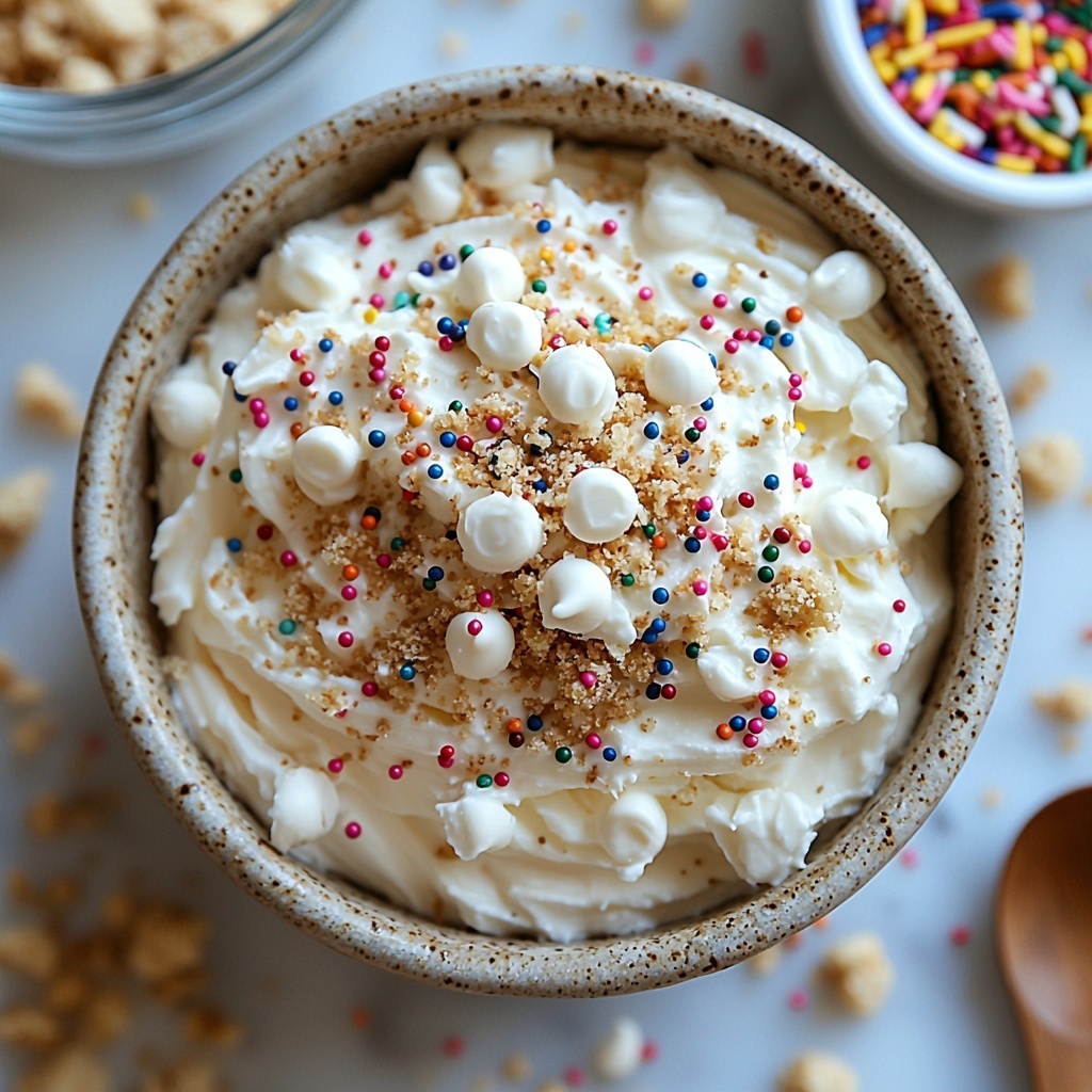 Sugar cookie crumbs in a small rustic bowl with some crumbs scattered artistically around, a half cup of softened cream cheese in a smooth white ceramic ramekin showing its creamy texture, a clear glass bowl filled with glossy white chocolate chips catching light to highlight their shiny surface, a small wooden spoon holding vibrant multicolored sprinkles, all arranged neatly on a clean white marble surface with natural soft lighting enhancing the neutral and pastel colors, subtle shadows adding depth, a few sprinkles and cookie crumbs gently scattered to create an inviting and casual feel, minimal props focusing on texture contrasts between crumbly, creamy, and smooth elements, overhead shot, top down view, flat lay photography, professional food styling --ar 1:1 --q 2 --s 750 --v 6.1