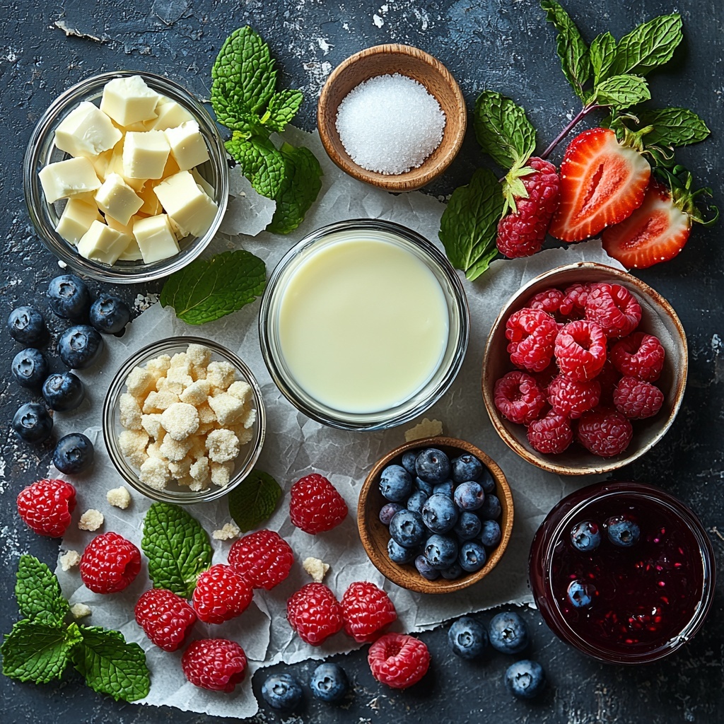 A clean, bright surface with ingredients for panna cotta elegantly arranged in a harmonious flat lay. Two cups of heavy cream in a clear glass measuring cup showcasing its rich, creamy texture; a small white bowl with ½ cup whole milk, smooth and glossy; a neat pile of granulated sugar sparkling like tiny crystals on a rustic wooden spoon; a small glass dish with pale golden vanilla extract, glistening under soft light; a delicate packet of unflavored gelatin beside a small bowl containing 3 tablespoons of cold water with gelatin gently blooming, translucent and slightly swollen. Nearby, fresh vibrant berries—plump raspberries, juicy strawberries with their green tops intact, and deep blue blueberries—clustered naturally on worn parchment paper. Small glass bowls with vivid raspberry and mango fruit coulis, their glossy surfaces catching the light, and a small ramekin filled with rich, dark chocolate sauce contrasting the lighter elements. Sprigs of fresh, bright green mint leaves scattered artfully to add a pop of color and freshness. The arrangement is clean and balanced, with varied textures and colors creating an inviting, artisanal feel, natural daylight softly diffused, subtle shadows enhancing depth. overhead shot, top down view, flat lay photography, professional food styling --ar 1:1 --q 2 --s 750 --v 6.1