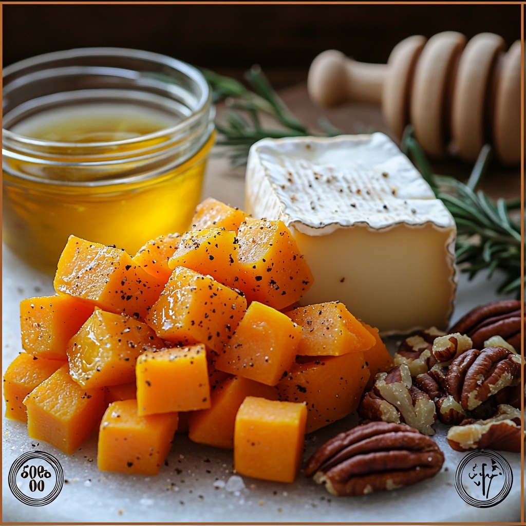 medium cubed butternut squash with bright orange color and smooth texture, small glass bowl of golden olive oil, coarse salt crystals and ground black pepper sprinkled loosely, slices and torn pieces of creamy white brie cheese with soft rind, a small pile of toasted pecans showing rich brown glossy texture, small honey jar with amber hot honey infused with visible chili flakes, fresh sprigs of green thyme and rosemary scattered delicately, all ingredients carefully arranged on a clean white marble surface with natural light casting soft shadows, minimalistic and elegant styling with slight overlap and organic spacing, emphasizing vibrant colors and contrasting textures, perfect balance of rustic and refined elements, overhead shot, top down view, flat lay photography, professional food styling --ar 1:1 --q 2 --s 750 --v 6.1