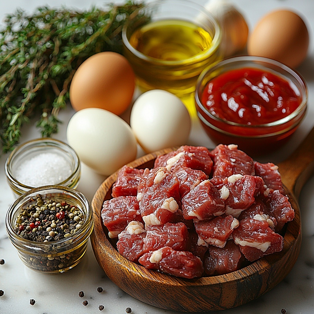 Olive oil in a small glass ramekin with a golden sheen, three finely chopped yellow onions exhibiting soft white and pale yellow hues, fresh thyme sprigs with vibrant green leaves neatly placed nearby, small bowls of coarse kosher salt and freshly ground black pepper showing contrasting textures – sparkling crystals and fine dark specks. A rustic bowl with glossy Worcestershire sauce’s deep mahogany color, a small container of rich red tomato paste with a smooth surface, a clear measuring cup half-filled with light amber chicken stock, and a mound of plain dry bread crumbs with a coarse, sandy texture. Two extra-large eggs with smooth, warm brown shells cracked open revealing bright yellow yolks and clear whites in a small bowl. A generous portion of raw ground chuck displaying marbled deep red and white fat, shaped loosely in a bowl. A small dish of glossy, vibrant red ketchup with a smooth, shiny surface. All ingredients arranged thoughtfully on a clean white marble surface with soft natural lighting highlighting the variety of textures and colors. Minimalist props like a wooden spoon and crisp linen napkin add warmth and contrast. overhead shot, top down view, flat lay photography, professional food styling --ar 1:1 --q 2 --s 750 --v 6.1