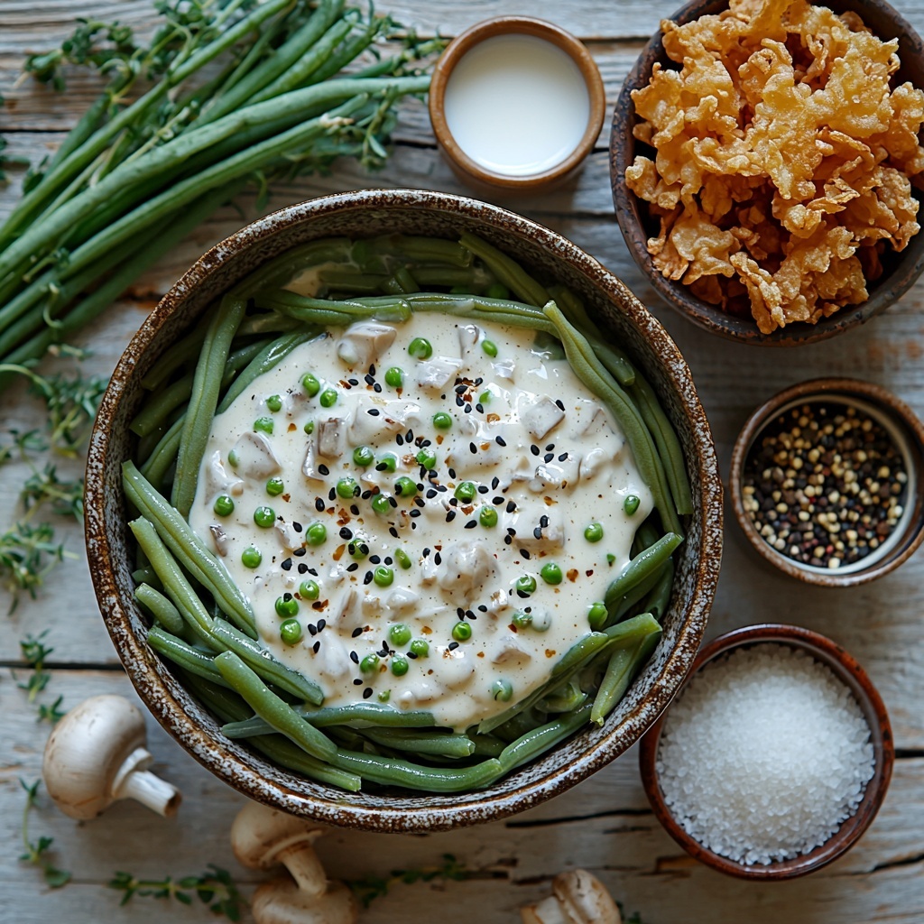 4 cups frozen cut green beans in a rustic ceramic bowl, a can of condensed cream of mushroom soup with the lid partially open showing creamy texture, a small glass measuring cup filled with ½ cup milk, a small dish containing soy sauce with a glossy dark surface, a small bowl of freshly ground black pepper with visible coarse grains, a tiny ramekin of seasoned salt with fine texture, 1½ cups crispy fried onions scattered artfully with some flowing out of a rustic linen-lined basket, all arranged neatly on a clean white wooden surface with soft natural lighting highlighting the contrasting colors and textures – vibrant green beans, creamy white soup, glossy dark soy sauce, coarse black pepper, warm golden fried onions, creating a balanced and inviting composition – subtle shadows to emphasize depth, minimal props for an uncluttered look, focus on textures and freshness, overhead shot, top down view, flat lay photography, professional food styling --ar 1:1 --q 2 --s 750 --v 6.1