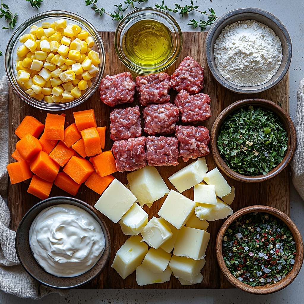 /Imagine prompt: A clean white surface styled with fresh ingredients for Creamy Hamburger Potato Soup arranged neatly in a flat lay. One pound of raw lean ground beef showcased in a small rustic bowl with its rich red color and fine texture. A tablespoon of golden olive oil in a small glass dish alongside a pat of creamy yellow butter on a wooden spoon. A medium onion, chopped finely into small white and purple-tinged pieces, with whole onion bulb nearby. Two peeled, chopped medium carrots showing vibrant bright orange cubes, paired with two sticks of celery chopped into pale green segments, and three whole garlic cloves, some minced, revealing their creamy white inside. Small heap of Italian seasoning herbs with green and brown dried flakes next to two tablespoons of fine white flour in a ceramic bowl. Two medium-to-large Russet potatoes peeled and diced into chunky off-white cubes with light brown skin pieces beside them. A cup of heavy cream in a small glass container, smooth and glossy white. A small bowl of fresh or frozen bright yellow corn kernels. A clear small dish of Worcestershire sauce, deep brown and glossy. Seasoning salt and freshly cracked black pepper in delicate ceramic salt and pepper bowls nearby. All ingredients spaced evenly on the surface to highlight their natural colors and textures, with soft natural lighting creating gentle shadows. Minimalistic styling with rustic wooden cutting board and neutral linen napkin accents. Overhead shot, top down view, flat lay photography, professional food styling --ar 1:1 --q 2 --s 750 --v 6.1