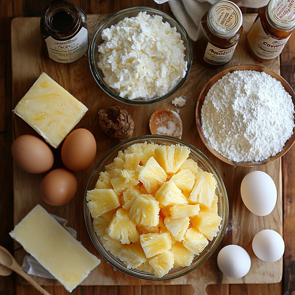 A clean, bright white surface arranged with the main ingredients for a pineapple coconut cake: a small glass bowl of melted golden butter with a smooth sheen; a heap of fresh, finely diced bright yellow pineapple chunks on a wooden cutting board; a small bowl of creamy white all-purpose flour; a tiny dish with fine white baking powder; a pinch of salt in a vintage ceramic spoon; four large brown eggs with smooth shells neatly lined up; a glass bowl overflowing with sparkling white granulated sugar; a small elegant bottle labeled vanilla extract with a dark amber liquid inside; a delicate glass vial of Amoretti pure coconut creme extract; a chilled bowl of rich, thick heavy whipping cream with soft peaks; a small cup of powdered sugar like fine snow; a block of creamy, soft cream cheese resting on parchment paper; a separate tiny bowl of extra powdered sugar; and a bowl filled with fluffy, sweetened shredded coconut showing its delicate texture. The ingredients are artfully spaced with natural light casting soft shadows, some wooden utensils and linen napkins gently placed nearby for warmth and texture contrast. Colors range from creamy whites and pale yellows to golden browns, with textures spanning smooth, powdery, flaky, and juicy, creating an inviting and fresh composition. Overhead shot, top down view, flat lay photography, professional food styling --ar 1:1 --q 2 --s 750 --v 6.1