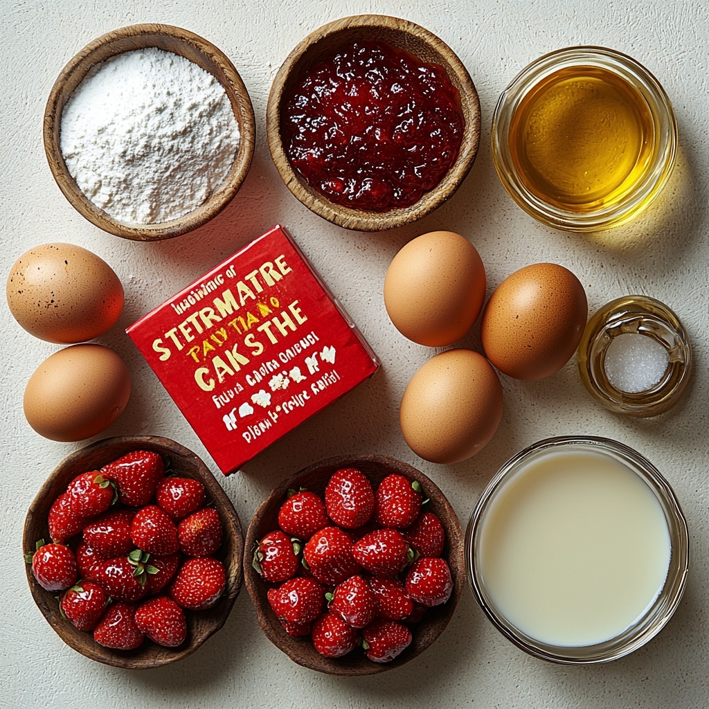 A clean white surface neatly arranged with the main ingredients for strawberry brownies: a vibrant red and pink box of strawberry cake mix prominently displayed, two large brown eggs with smooth shells resting side by side, a small glass bowl filled with glossy deep red strawberry preserves, a small clear bowl containing fine white powdered sugar, a small glass measuring cup with pale golden vegetable oil, a tiny glass dish holding creamy white vanilla extract, and a small bowl of creamy white milk. The ingredients are spaced evenly with natural soft lighting highlighting the varied textures: the powdery sugar, shiny preserves, smooth eggshells, and translucent liquids. Subtle shadows add depth, while a folded white linen napkin and a wooden spoon lie gently beside the arrangement to enhance warmth and homeliness. The composition is balanced, clean, and inviting, evoking freshness and sweetness. overhead shot, top down view, flat lay photography, professional food styling --ar 1:1 --q 2 --s 750 --v 6.1