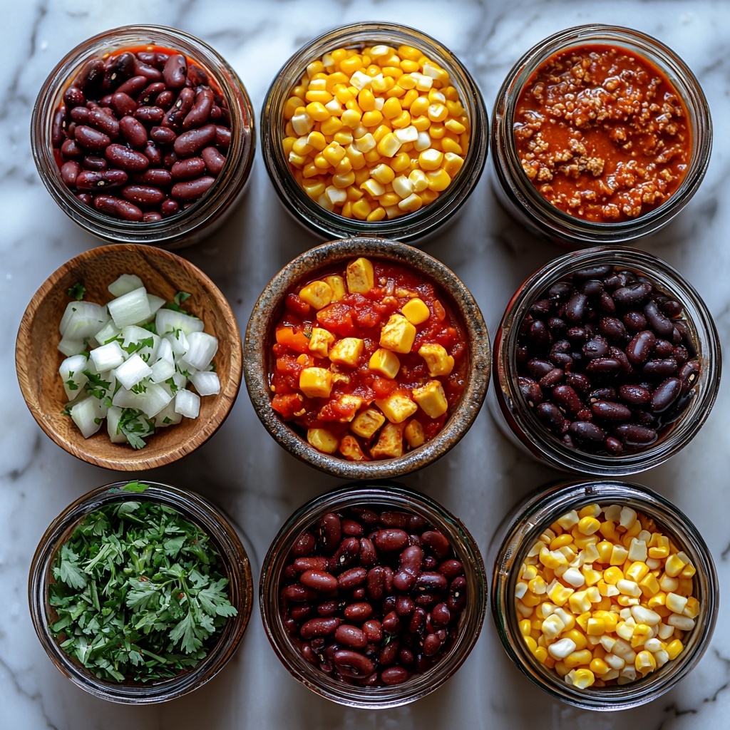 Crock pot chicken taco chili ingredients neatly arranged on a clean white marble surface: small chopped white onion in a rustic ceramic bowl, two open cans of black beans and kidney beans showing glossy dark and deep red beans, vibrant yellow frozen corn kernels in a small wooden scoop, bright red tomato sauce in a glass jar, two cans of diced tomatoes with red chilies spilling slightly to reveal juicy, textured tomato pieces, a small bowl of chopped green chili peppers with vivid green tones, a neat pile of deep reddish-brown cumin powder and chili powder on a wooden spoon, raw boneless skinless chicken breasts with pale pink hues resting on parchment paper, fresh chopped green cilantro leaves scattered artfully nearby, small glass bowls containing garlic powder, onion powder, dried oregano, paprika with distinct earthy colors, a small heap of coarse kosher salt and ground black peppercorns on the side, all ingredients spaced evenly with natural daylight illuminating the scene, soft shadows enhancing textures and colors, minimalist rustic styling with a touch of warmth and homeliness -- overhead shot, top down view, flat lay photography, professional food styling --ar 1:1 --q 2 --s 750 --v 6.1