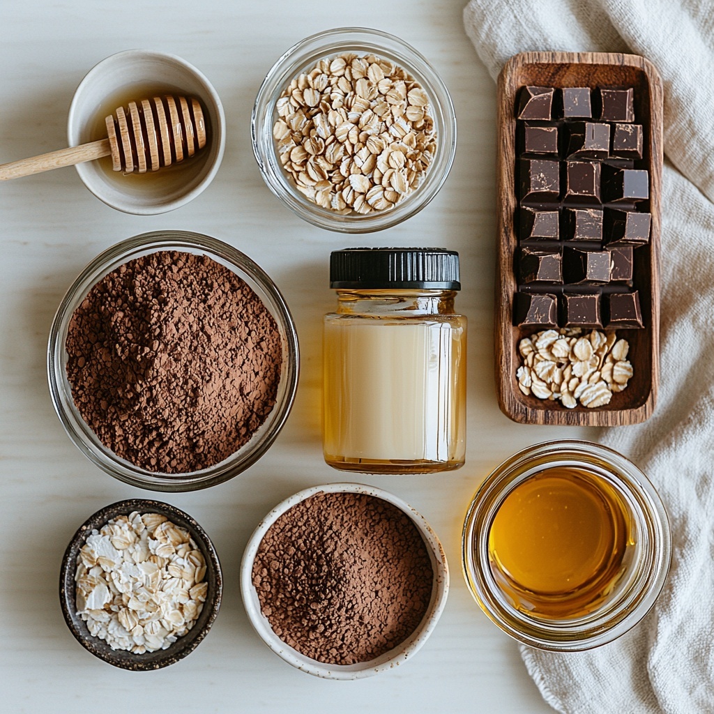 flat lay photography of ingredients for chocolate overnight oats recipe arranged neatly on a clean bright white surface: a small glass bowl of rich dark brown cocoa powder with fine texture, a clear glass jar of creamy off-white old-fashioned oats showing their coarse texture, a sleek glass bottle of golden amber honey with a honey dipper beside it, a white ceramic measuring cup filled with smooth pale almond milk, a small white bowl containing crystalline fine sea salt, a small glass vial of pale vanilla extract with a cork stopper, all ingredients spaced evenly with natural soft daylight illuminating them, subtle shadows adding depth, minimalistic styling with a rustic wooden spoon and a linen napkin nearby for warmth, neutral tones with pops of warm brown and golden hues, clean and crisp composition highlighting the textures and colors of each element, overhead shot, top down view, flat lay photography, professional food styling --ar 1:1 --q 2 --s 750 --v 6.1