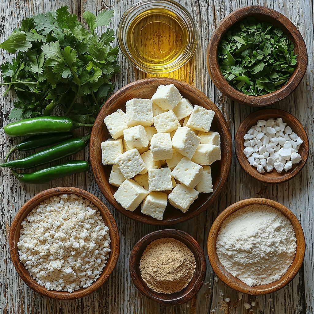 A clean white rustic wooden surface featuring an artistic flat lay arrangement of the main ingredients for twisted paneer samosas: a small bowl of crumbled white paneer with soft, crumbly texture; a vibrant green chili sliced finely, placed next to a handful of fresh, bright green coriander leaves with delicate feathery texture; tiny piles of warm golden-yellow semolina grains and smooth light brown wheat flour dusted lightly around; a small rustic wooden bowl filled with golden amber cooking oil shimmering softly; a vintage spoon holding aromatic warm brown garam masala powder alongside a scattering of dark brown cumin seeds; a pinch of coarse white salt crystals in a small ceramic dish; and a small glass container of clear water reflecting light subtly nearby. The ingredients are spaced evenly with natural shadows, some sprinkled flour adding a casual, authentic kitchen vibe. The overall palette combines earthy tones with fresh greens and warm neutrals, styled with minimal props to highlight textures and freshness. Overhead shot, top down view, flat lay photography, professional food styling --ar 1:1 --q 2 --s 750 --v 6.1