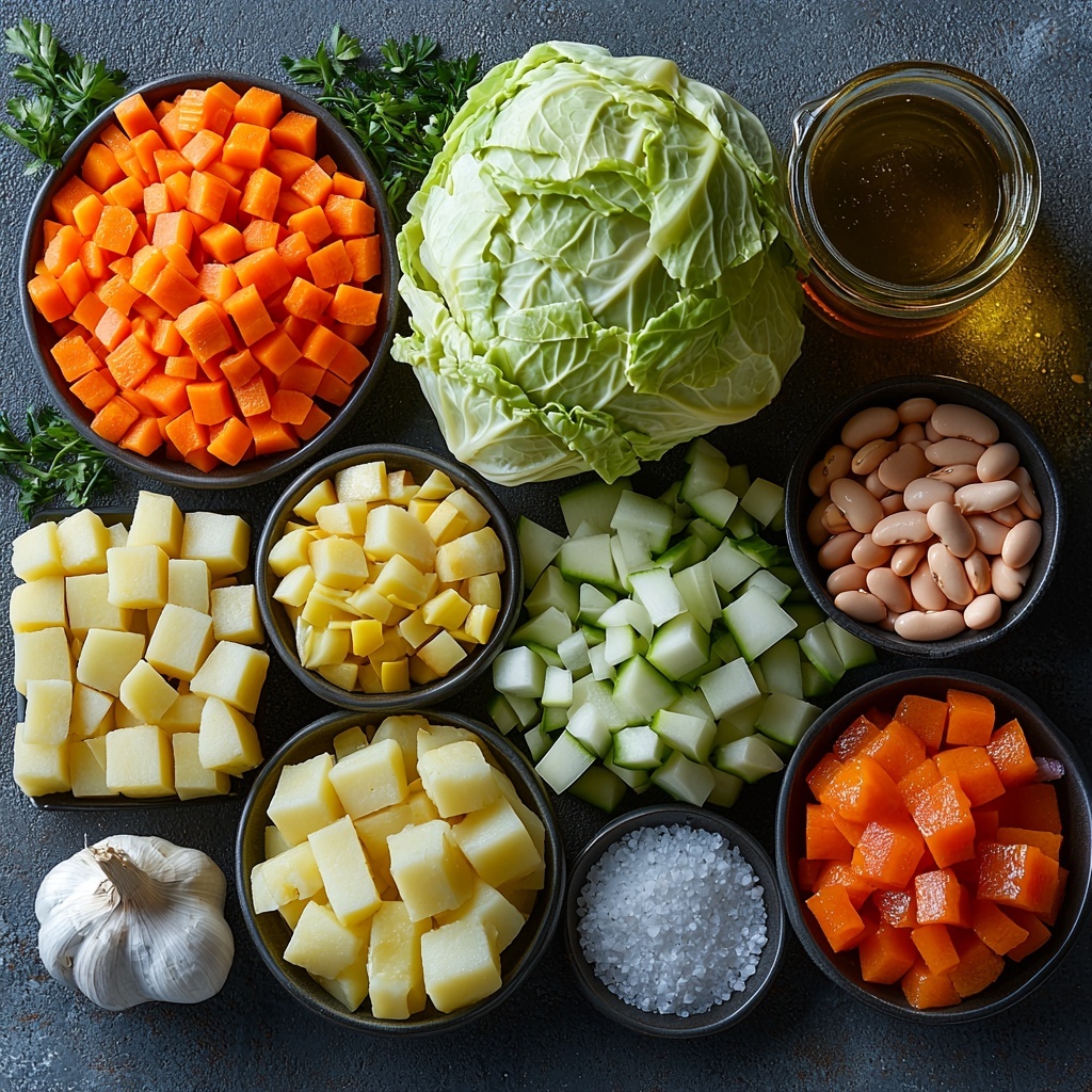 A clean, bright surface showcasing the main ingredients for cabbage soup arranged neatly in a balanced flat lay composition. Fresh green cabbage leaves chopped and whole small cabbage head, vibrant orange chopped carrots, diced pale yellow Yukon Gold potatoes, a medium yellow onion diced into small cubes, a single rib of celery diced, and several garlic cloves peeled and grated displayed in a small bowl. Two cans of fire-roasted diced tomatoes with rich red hues, a small bowl of drained white beans, and a glass container with golden extra-virgin olive oil. A small dish of white sea salt crystals and freshly ground black peppercorns scattered subtly nearby. A small bottle or bowl of white wine vinegar with a light translucent appearance. Fresh sprigs of bright green parsley and dried thyme sprinkled delicately on the surface or in small bowls. Soft, natural lighting enhancing the varied textures—from the smooth beans and shiny oil to the rough cabbage leaves and diced vegetables—creating a warm, inviting, and rustic kitchen feel. Overhead shot, top down view, flat lay photography, professional food styling --ar 1:1 --q 2 --s 750 --v 6.1