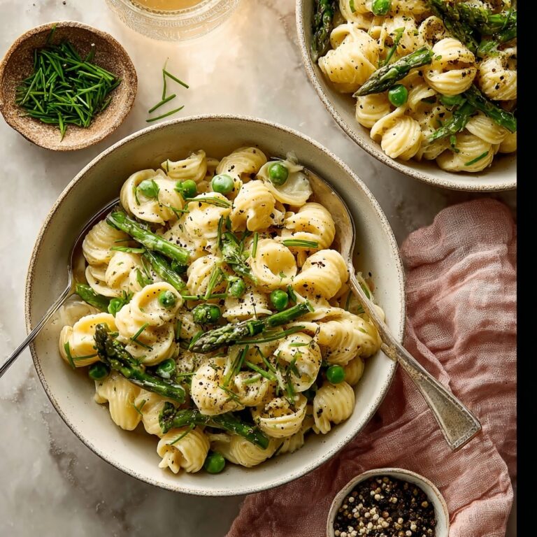 Creamy Goat Cheese Pasta with Asparagus and Peas Recipe