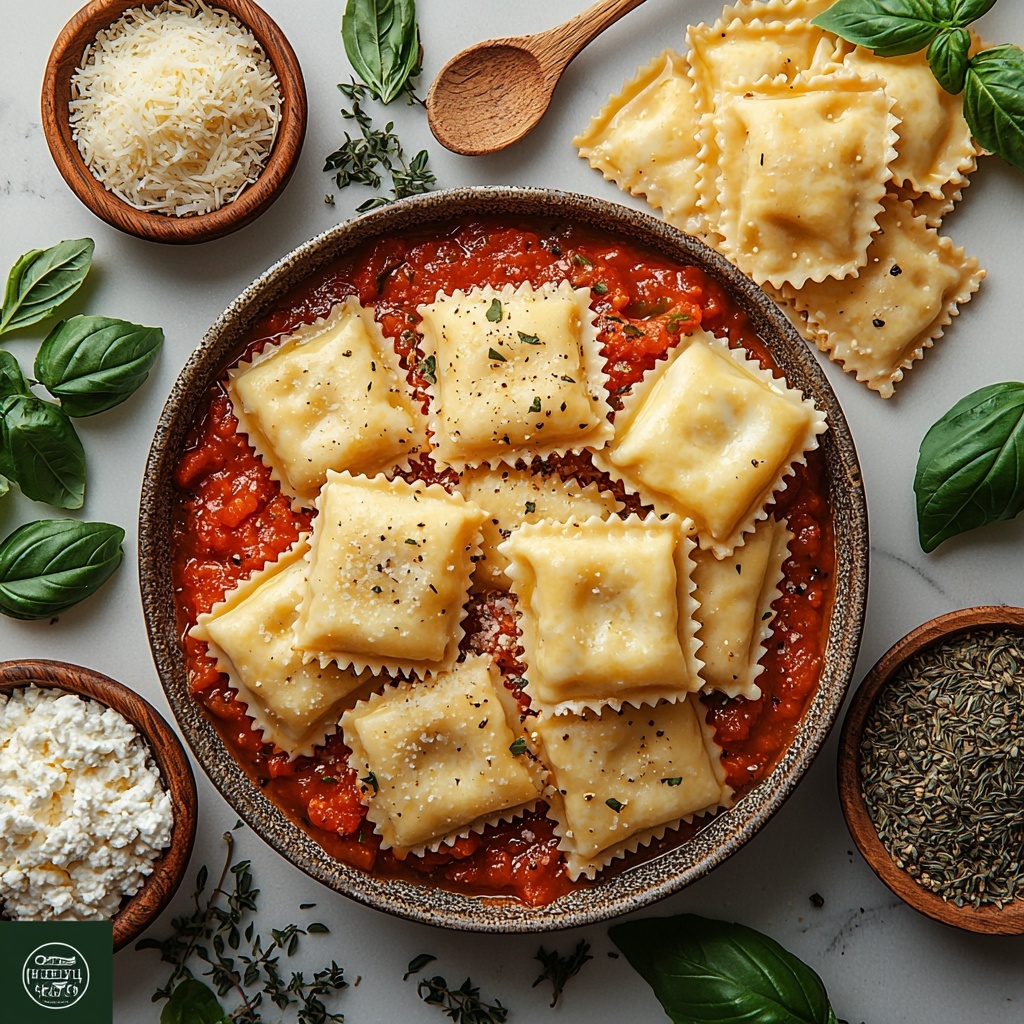 fresh cheese ravioli arranged in neat piles, a bowl of vibrant red marinara sauce with visible tomato texture, a small bowl of smooth white ricotta cheese, a mound of shredded whole milk mozzarella cheese with soft, fluffy texture, a small dish of finely grated golden Parmesan cheese, scattered dried Italian herbs with green and brown hues, all laid out on a clean white marble surface with soft natural lighting highlighting the colors and textures, some fresh basil leaves and a rustic wooden spoon placed artfully for contrast and warmth, minimal shadows, crisp and bright composition, overhead shot, top down view, flat lay photography, professional food styling --ar 1:1 --q 2 --s 750 --v 6.1