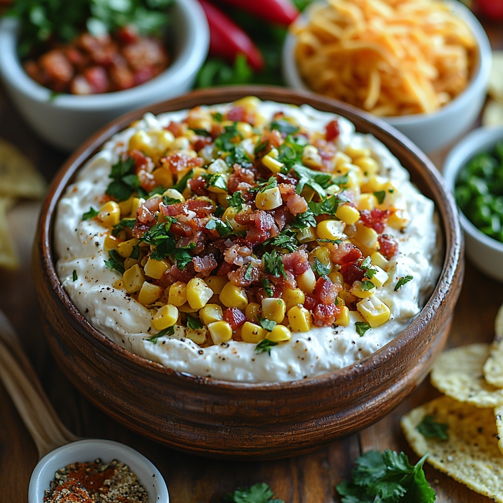 4 ounces softened cream cheese in a small rustic bowl, ½ cup smooth sour cream in a white ceramic ramekin, 3 cups bright yellow corn kernels loosely scattered, ½ cup vibrant diced red bell pepper arranged in a neat pile, 4 ounces mild diced green chilies in a small glass bowl, ½ cup cooked and crispy crumbled bacon spread artfully, ¼ cup freshly chopped green cilantro leaves sprinkled delicately, 1 teaspoon chili powder in a small wooden spoon, ½ teaspoon ground cumin and ½ teaspoon salt in tiny white porcelain spoons side by side, ¼ teaspoon cracked black pepper in a tiny heap, 1½ cups shredded cheddar cheese (divided with part in a small bowl and part scattered), all arranged on a clean, light wooden surface with natural soft lighting casting gentle shadows, emphasizing vivid colors and varied textures, subtle garnishes of extra corn kernels, diced peppers, bacon bits, and cilantro leaves placed thoughtfully around, a few tortilla chips partly visible at the edges to hint at serving suggestion, overhead shot, top down view, flat lay photography, professional food styling --ar 1:1 --q 2 --s 750 --v 6.1