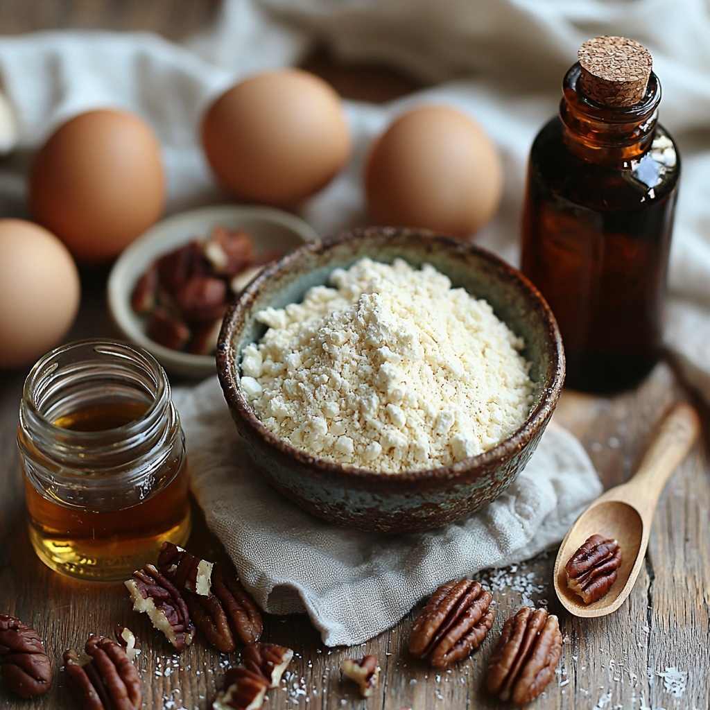 2 cups almond flour in a small rustic ceramic bowl showing fine, powdery texture; 1/4 cup melted coconut oil in a clear glass measuring cup with smooth, glossy liquid surface; 1/4 cup amber maple syrup in a tiny glass jar catching warm light reflections; 1 teaspoon vanilla extract in a petite dark glass bottle with a minimalist label; 1/2 cup granular light brown coconut sugar in a wooden scoop highlighting coarse texture; 2 large eggs with smooth brown shells placed side by side; 1 1/2 cups chopped raw, unsalted pecans scattered loosely to reveal rich, warm brown tones and intricate nut patterns. All ingredients arranged neatly on a clean, light wood surface with soft, natural daylight from the side, casting gentle shadows and enhancing textures. Minimal props, slight rustic vibe with a folded linen napkin and a small vintage spoon nearby to add warmth and balance. overhead shot, top down view, flat lay photography, professional food styling --ar 1:1 --q 2 --s 750 --v 6.1