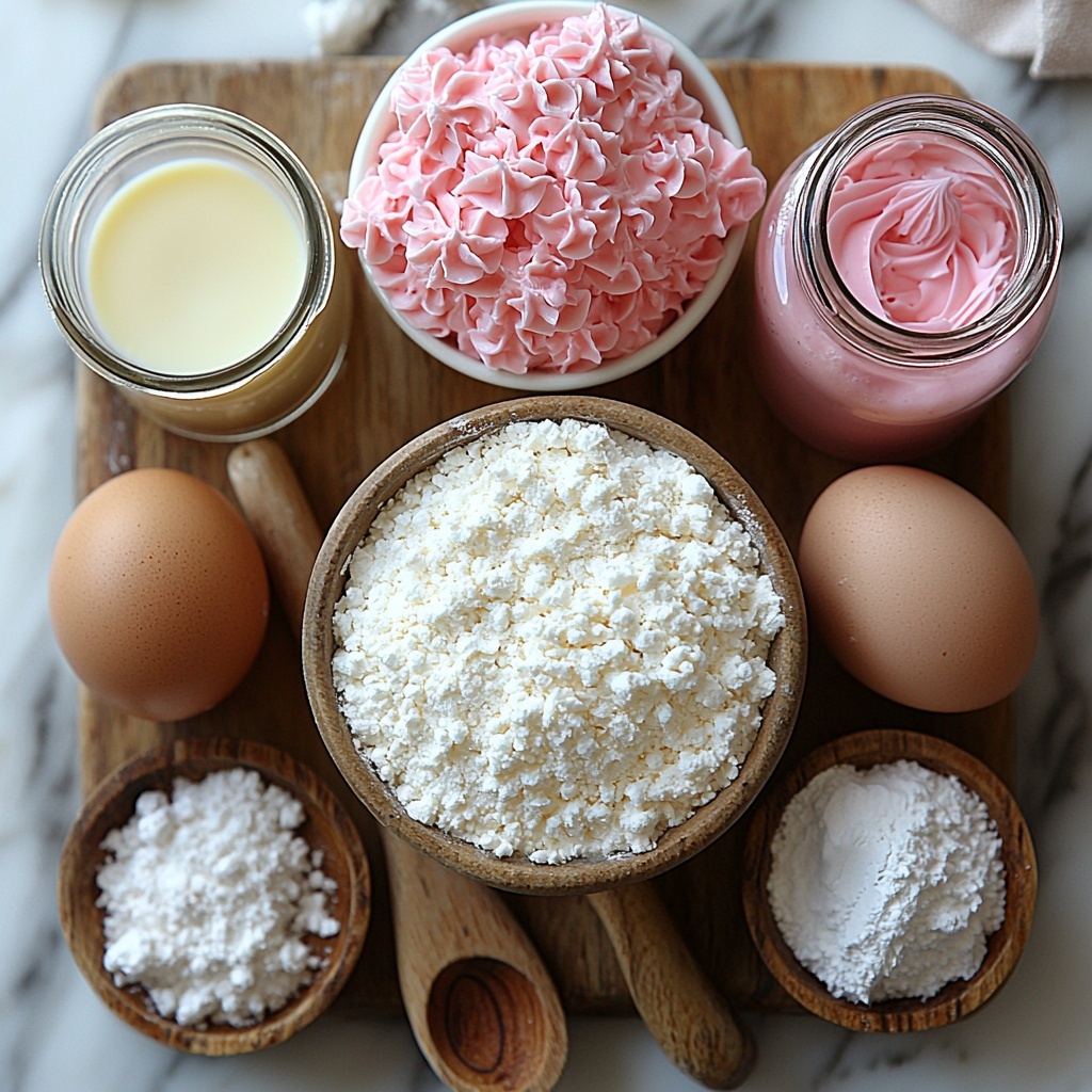 2 cups all-purpose flour in a small white ceramic bowl, fine powder texture; 1 cup granulated white sugar in a clear glass jar with visible crystals; 1/2 cup unsalted butter softened, creamy pale yellow block on a rustic wooden board; 2 large brown eggs with smooth shells, placed side by side; 1 teaspoon vanilla extract in a small amber glass bottle, dark liquid inside; 1/2 cup vibrant red food coloring in a small clear bowl, glossy and intensely colored; 1/2 cup pink frosting in a smooth swirl on a white porcelain dish, bright pastel pink and fluffy texture; 1/4 cup milk in a clear measuring cup, fresh white liquid; 1 teaspoon baking powder as a small heap of fine light powder on a white ceramic spoon; 1/2 teaspoon salt sprinkled slightly on a minimal ceramic dish; all ingredients neatly arranged on a clean white marble surface with soft natural light, shadows gentle and subtle, styled with minimal props like a wooden spoon and a linen napkin to enhance texture and warmth, colors vivid and inviting, contrasting textures highlighted, overhead shot, top down view, flat lay photography, professional food styling --ar 1:1 --q 2 --s 750 --v 6.1