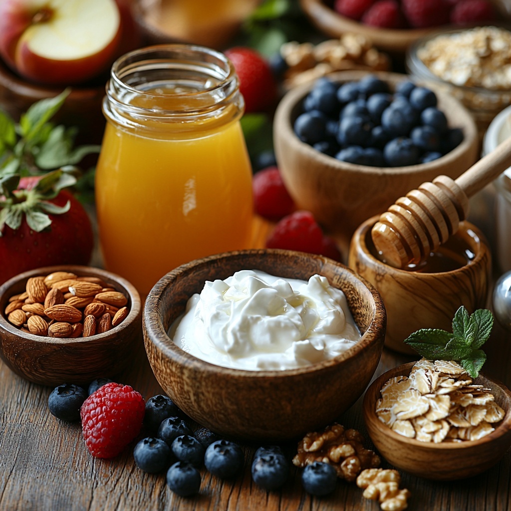 Rolled oats in a small rustic bowl, fresh orange juice in a clear glass jug, a vintage milk bottle filled with creamy milk, a wooden honey dipper resting on a jar of golden honey, a ceramic bowl of thick Greek yogurt, a small dish with vanilla extract, a bowl of softly whipped heavy cream with fluffy peaks, freshly grated and diced red and green apples scattered neatly, a small wooden bowl of brown sugar crystals, colorful mixed berries (blueberries, raspberries, strawberries) artistically grouped, a variety of nuts and dried fruits in small wooden bowls showing varied textures and warm tones, all arranged carefully on a clean, light wooden surface with natural warm daylight casting soft shadows, styled with a linen napkin and subtle green leaves for freshness, vibrant colors and contrasting textures emphasized, minimalistic and inviting composition, overhead shot, top down view, flat lay photography, professional food styling --ar 1:1 --q 2 --s 750 --v 6.1