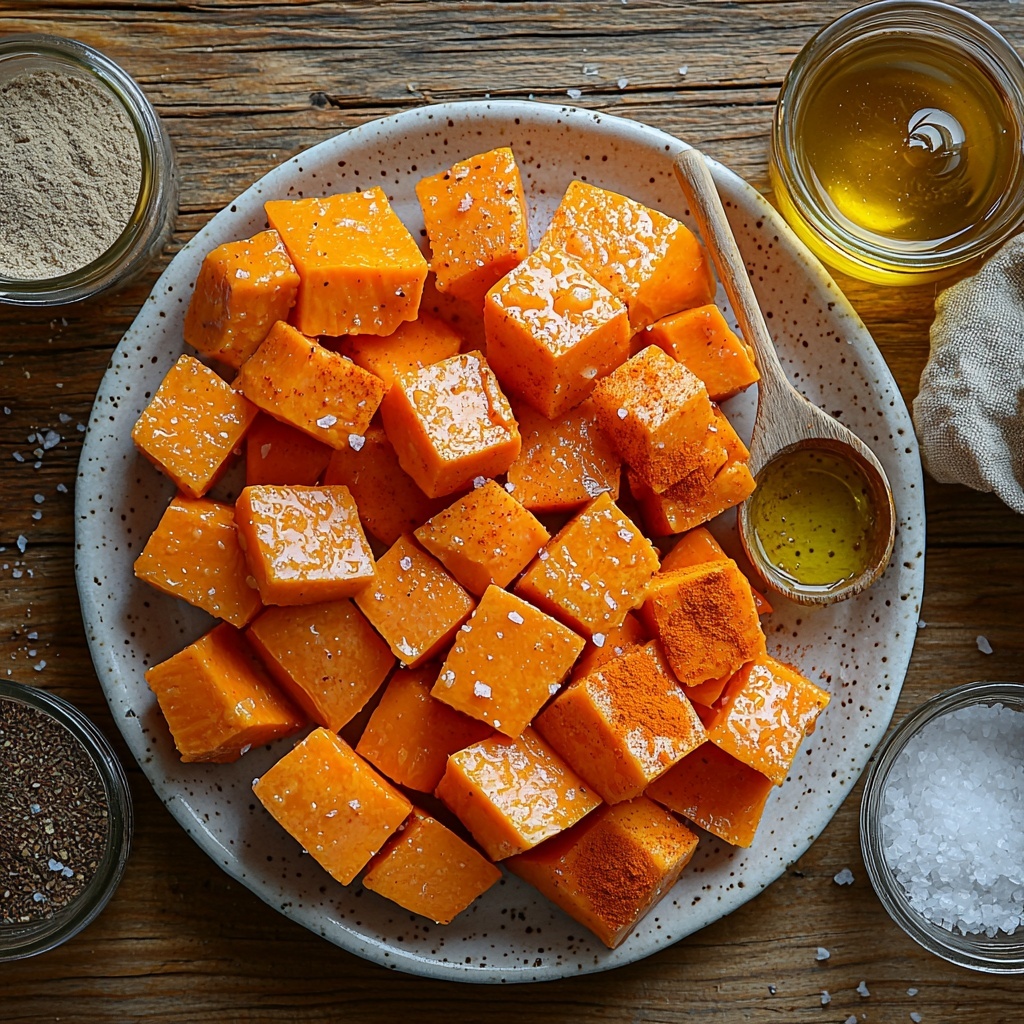 Red-skinned sweet potatoes peeled and cut into 1-inch chunks, vibrant orange flesh visible, arranged neatly on a rustic white ceramic plate; small glass bowls containing golden olive oil, warm brown cumin powder, fine white granulated garlic powder, snowy fine ground sea salt, and bright red cayenne pepper powder artistically placed around the plate; a small wooden spoon resting in the honey jar with rich amber honey glistening; ingredients spread evenly on a clean light wooden surface with natural soft diffused lighting highlighting the varied textures—the smooth, glossy oil, the powdery spices, and the moist flesh of the sweet potatoes; subtle shadows for depth, warm and inviting color tones, minimalistic rustic styling with a hint of kitchen tools and linen cloth for cozy atmosphere overhead shot, top down view, flat lay photography, professional food styling --ar 1:1 --q 2 --s 750 --v 6.1