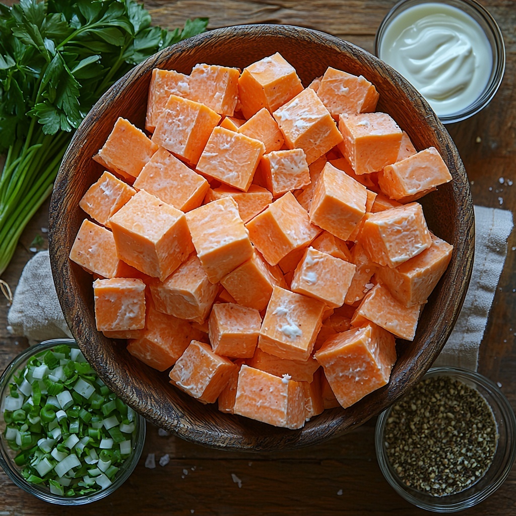 sweet potatoes peeled and cut into 1-inch cubes in a rustic wooden bowl, a small glass bowl of creamy butter at room temperature, a clear measuring cup with warm milk, a small white dish with sour cream or cream cheese, dried garlic powder in a delicate ceramic spoon, fresh green onions sliced with bright green and white rings scattered artfully, a tiny bowl of coarse salt crystals, a small dish of ground black pepper, fresh thyme or rosemary sprigs with finely chopped leaves on a light linen napkin, natural textures of wood and linen under soft natural light highlighting the vibrant orange of the sweet potatoes contrasting with the creamy whites and fresh greens, minimal shadows, ingredients spaced evenly on a clean white surface with subtle rustic props for warmth, focus on texture and color harmony, overhead shot, top down view, flat lay photography, professional food styling --ar 1:1 --q 2 --s 750 --v 6.1