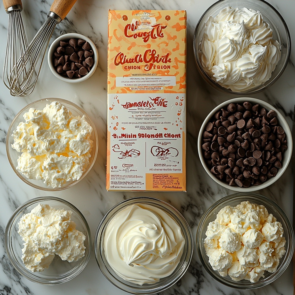 A clean, bright flat lay of the ingredients for Mini Boston Cream Pies arranged on a white marble surface. Include one unopened box of yellow cake mix with vibrant yellow and orange packaging, a colorful box of vanilla instant pudding mix (3.4 oz) with creamy vanilla imagery, a small glass measuring cup filled with cold milk showing a smooth, milky texture, a clear bowl of fluffy, white thawed Cool Whip topping, a small glass bowl of cold heavy whipping cream with a rich, creamy appearance, and a white bowl filled with glossy, semi-sweet chocolate chips that glisten under soft natural light. Surround the bowls with subtle kitchen utensils like a wire whisk and a serrated knife with a wooden handle, lending a cozy, inviting feel. The ingredients are neatly spaced with plenty of negative space to emphasize texture and color contrast — from the golden box tones to the creamy whites and dark chocolate. The overall aesthetic is fresh, clean, and well-organized, styled with natural light and soft shadows for a warm, approachable look. Overhead shot, top down view, flat lay photography, professional food styling --ar 1:1 --q 2 --s 750 --v 6.1