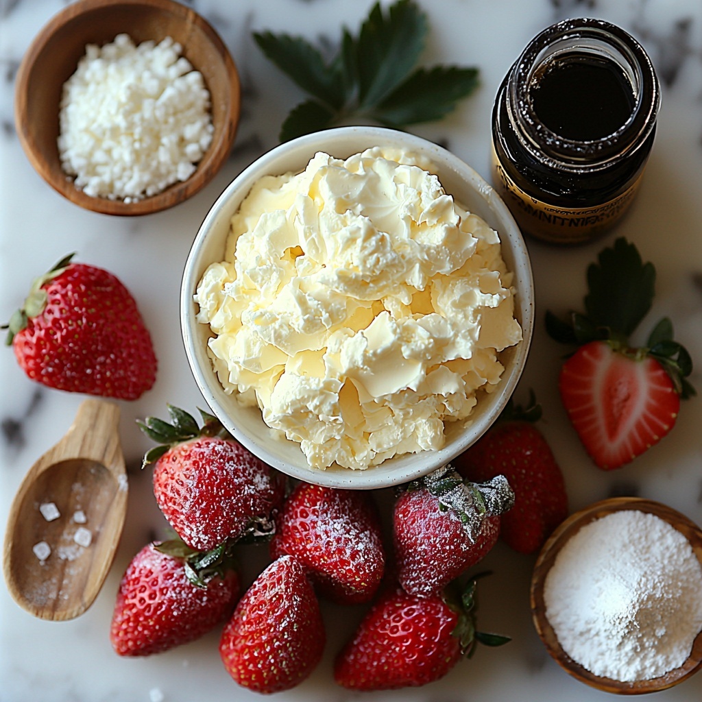 2 cups all-purpose flour in a small white ceramic bowl, fine powder texture; 2 tablespoons granulated sugar in a clear glass measuring spoon, sparkling crystals catching the light; 1 tablespoon baking powder in a small rustic wooden scoop, powdery and light; 1 teaspoon fine salt crystals scattered neatly beside a silver spoon; 3/4 cup whole milk in a transparent glass measuring cup, creamy and smooth with subtle reflections; 1/3 cup melted unsalted butter in a small clear bowl, rich golden liquid with a glossy surface; 4 cups freshly sliced strawberries arranged in a vibrant red heap on a white plate, juicy and glistening with natural seeds and leafy green tops visible; 2 tablespoons granulated sugar sprinkled around as fine crystals; 1/2 cup cold whipping cream in a chilled, frosted glass bowl, thick and luscious; 1 tablespoon powdered sugar dusted lightly on a small white ceramic dish, soft and powdery texture; a small vial of vanilla extract with dark amber liquid and a delicate glass dropper; all ingredients arranged thoughtfully on a clean, bright white marble surface, spaced to enhance each texture and color contrast, natural daylight softly illuminating the scene with gentle shadows, minimal props for a fresh and inviting look, sharp focus capturing fine details of textures and colors, overhead shot, top down view, flat lay photography, professional food styling --ar 1:1 --q 2 --s 750 --v 6.1