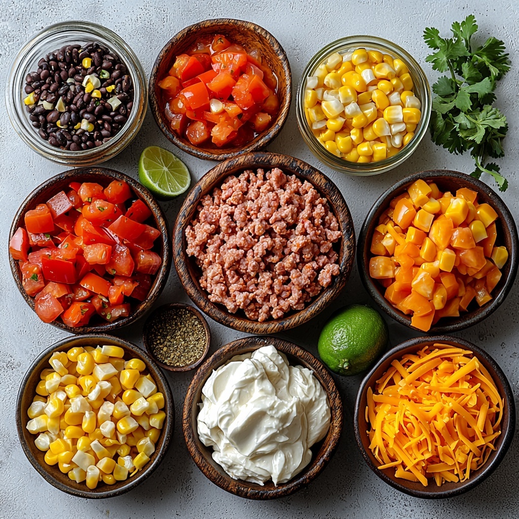 Plain clean white surface neatly arranged flat lay of fresh ingredients for turkey taco soup: raw ground turkey in a rustic small bowl with marbled pink and white texture, small glass bowl of golden olive oil glistening, diced yellow onion bright and translucent, diced red bell pepper vibrant and glossy, diced green bell pepper fresh and crisp, peeled garlic cloves finely minced scattered artfully, small piles of salt crystals and dried oregano leaves, warm reddish-brown chipotle powder, smoky deep orange smoked paprika, ground cumin in a small heap, coarse black pepper specks, smooth rich red tomato paste in a tiny bowl, a rustic can of fire-roasted diced tomatoes with charred edges visible, two small bowls of shiny black beans, a small can of green chilies with visible seeds, a wedge of bright green lime and a small bowl of fresh lime juice with droplets glistening, clear golden chicken broth in a glass jar, a single fresh bay leaf with textured veins, a heap of bright yellow frozen corn kernels glistening slightly, dollops of creamy white sour cream, small pile of bright orange shredded cheddar cheese, sprigs of fresh green cilantro with delicate leaves, thinly diced red onion pieces adding a pop of purple-red, lime wedges arranged neatly on the side — all ingredients spaced evenly with clean lines and shadows for depth, natural daylight from side casting soft highlights, vibrant colors with contrasting textures emphasizing freshness and variety, styled with simple rustic props blending modern minimalism and cozy kitchen vibe overhead shot, top down view, flat lay photography, professional food styling --ar 1:1 --q 2 --s 750 --v 6.1