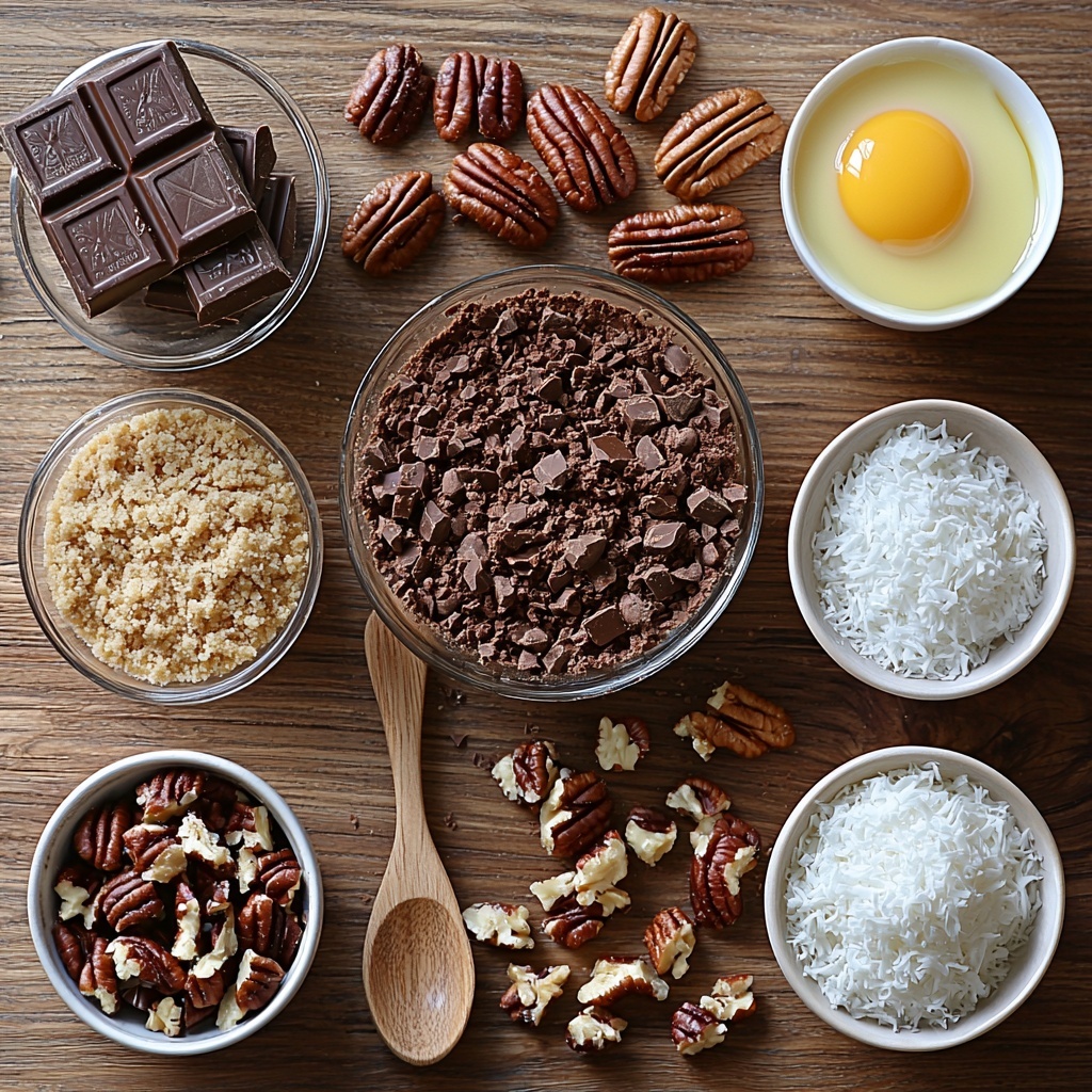 Flat lay of main ingredients for German Chocolate Pie arranged neatly on a clean, light wooden surface: a small glass bowl filled with golden graham cracker crumbs next to a ramekin of melted butter with a smooth, glossy texture; a small heap of fine white granulated sugar; an opened can of sweetened condensed milk showing its thick, creamy texture; a rustic pile of chopped pecans with rich brown hues and rough texture; a handful of fluffy, white shredded coconut flakes; a small white bowl overflowing with glossy, dark semi-sweet chocolate chips; a wooden spoon dusted with deep brown unsweetened cocoa powder; two large brown eggs and two bright orange egg yolks in a tiny white dish; a square slab of creamy pale yellow unsalted butter; a small glass jar with amber vanilla extract; and a pinch of fine white salt sprinkled in a tiny ceramic dish. The ingredients are balanced and spaced evenly with natural soft lighting highlighting the varied textures—smooth, powdery, crunchy, and creamy—on a neutral background. Minimalist styling with subtle shadows, warm tones, and a touch of rustic charm. Overhead shot, top down view, flat lay photography, professional food styling --ar 1:1 --q 2 --s 750 --v 6.1
