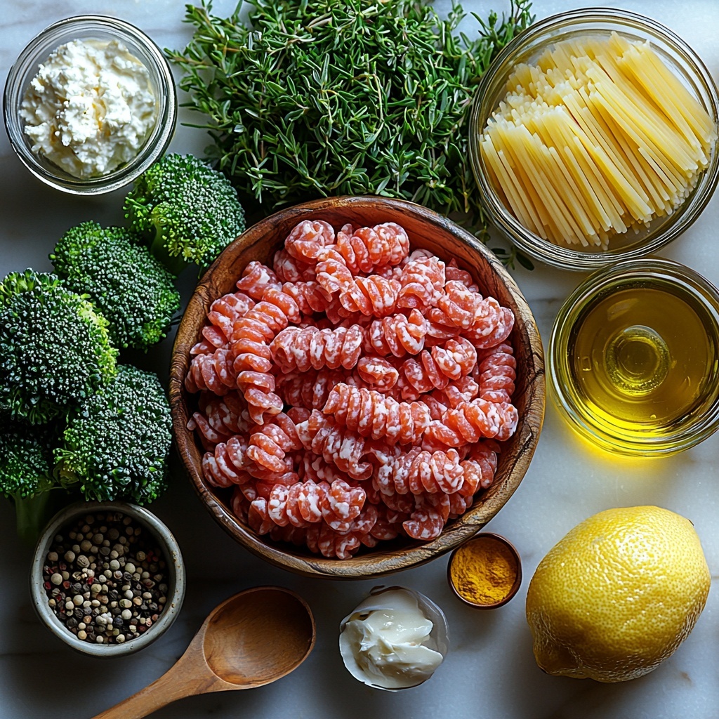 Sausage and Broccoli Pasta ingredients neatly arranged on a clean white marble surface for a vibrant flat lay photo. Included are raw ground sausage in a rustic bowl showing its rich reddish-pink texture, fresh bright green broccoli florets placed loosely beside pasta, a small pile of medium shell pasta with its smooth ivory curves, a small glass jar of golden olive oil, a wooden spoon resting next to three peeled garlic cloves and a small mound of finely minced garlic. Nearby, grated parmesan cheese piled on a white ceramic dish with soft, snowy texture; dollops of softened cream cheese in a small ramekin; a clear measuring cup filled with a pale creamy half-and-half mixture; a glass of dry white wine shimmering with light reflections; tiny bowls containing vibrant red pepper flakes, freshly cracked black pepper, and a mix of dried herbs—oregano, basil, parsley, and onion powder—arranged in neat spots. A small bowl with Dijon mustard’s smooth yellow surface and another with amber soy sauce completes the set. A fresh lemon sliced in half sits to one side, adding bright yellow contrast. The scene is styled with natural soft daylight coming from the side, creating gentle shadows and highlighting textures, with minimal props for a fresh, modern look. Overhead shot, top down view, flat lay photography, professional food styling --ar 1:1 --q 2 --s 750 --v 6.1