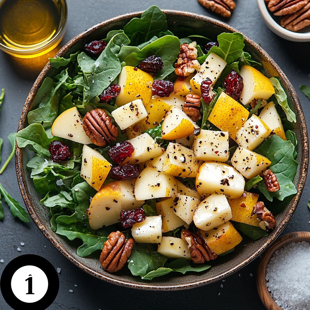 Mixed greens with varied shades of deep and light green leafy textures, bright chopped pears with soft yellow and pale green hues, glossy dark red dried cranberries scattered in a small rustic bowl, rich brown pecan halves showing natural grooves and smooth shine, crumbly white and blue-speckled blue cheese chunks arranged delicately, a small glass bowl of golden olive oil glistening under soft light, a small clear bowl with white granulated sugar, a tiny ceramic dish of coarse salt crystals, a small rustic bowl holding pale amber white wine vinegar, and a tiny bowl with smooth, pale yellow Dijon mustard. All ingredients are arranged neatly on a clean white matte surface with natural light enhancing colors and textures, minimal shadows, and subtle reflections for a fresh, inviting winter salad preparation vibe. Overhead shot, top down view, flat lay photography, professional food styling --ar 1:1 --q 2 --s 750 --v 6.1