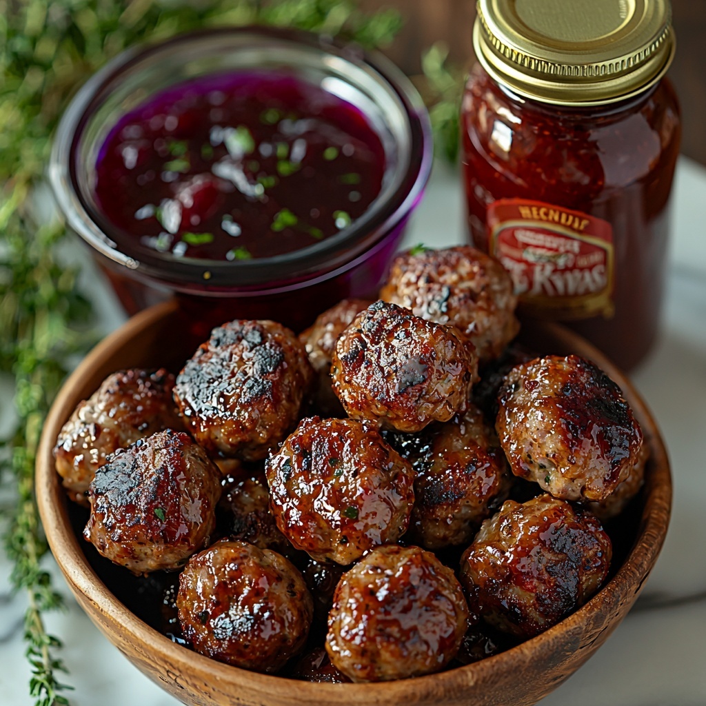 Frozen homestyle meatballs in a rustic bowl, their textured, browned surfaces slightly frosty; a shiny glass jar of rich, deep purple grape jelly next to it, with vibrant, glossy jelly visible through the glass; a classic Heinz chili sauce bottle with its bold red sauce visible inside, placed neatly alongside; all ingredients arranged thoughtfully on a clean white marble surface to enhance colors and textures; natural soft lighting highlighting the glossy jelly and the meatballs' texture, subtle shadows adding depth; minimalist style with a touch of warmth and inviting feel, slight sprigs of fresh herbs nearby for contrast but not overpowering; overhead shot, top down view, flat lay photography, professional food styling --ar 1:1 --q 2 --s 750 --v 6.1