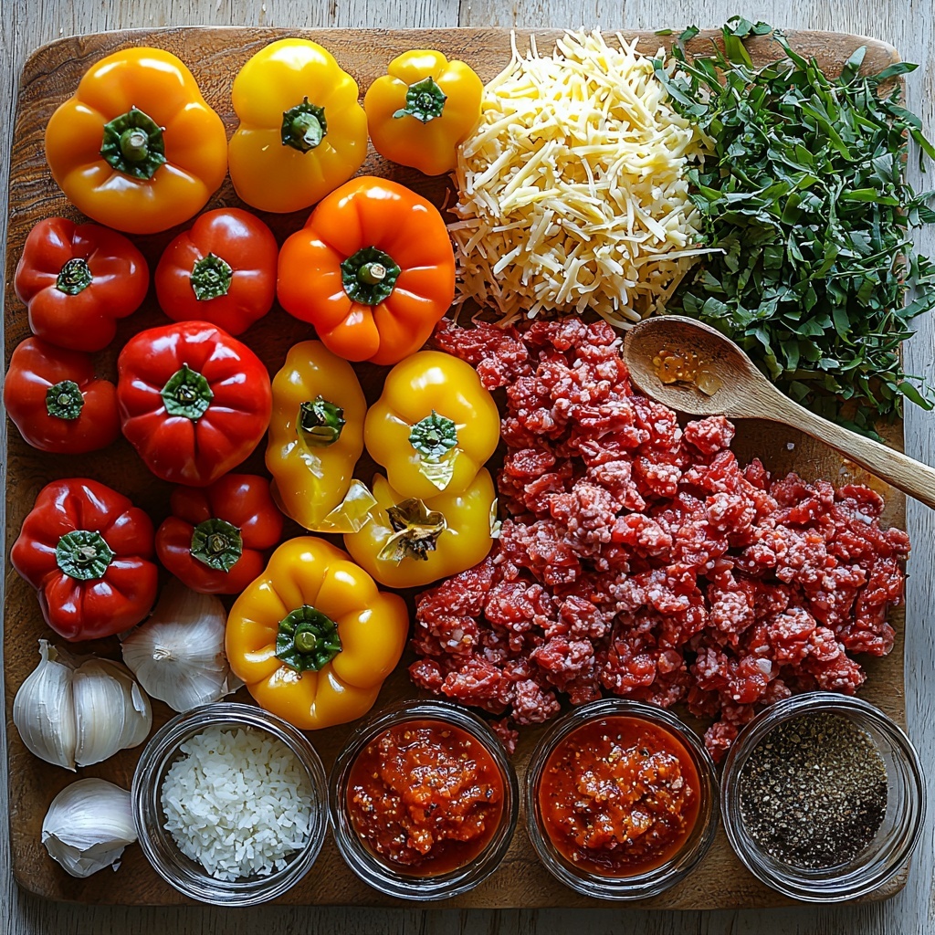 A clean, light-colored wooden surface neatly arranged with the main ingredients for stuffed peppers: vibrant red, yellow, and orange bell pepper halves cored and laid flat with smooth, glossy skins; a bowl of raw 90% lean ground beef showing rich, deep red texture; a small heap of cooked rice grains with fluffy, light appearance; finely chopped pale yellow onion piled delicately next to three peeled garlic cloves with smooth, off-white skins; small glass bowls containing warm red tomato sauce, golden extra-virgin olive oil, and vibrant orange shredded Monterey Jack or Cheddar Jack cheese with delicate curls; a rustic wooden spoon holding mixed chili powder, cumin, and oregano powders in varying shades of earthy reds, browns, and greens; a pinch of coarse salt crystals glistening under soft natural light. The ingredients are symmetrically spaced with room to breathe, highlighting the contrast of colors and textures—glossy peppers, granular spices, soft meat, and fluffy grains—styled with fresh green herbs subtly placed for a pop of color. Soft shadows and natural diffused lighting enhance the freshness and vibrant tones. Overhead shot, top down view, flat lay photography, professional food styling --ar 1:1 --q 2 --s 750 --v 6.1