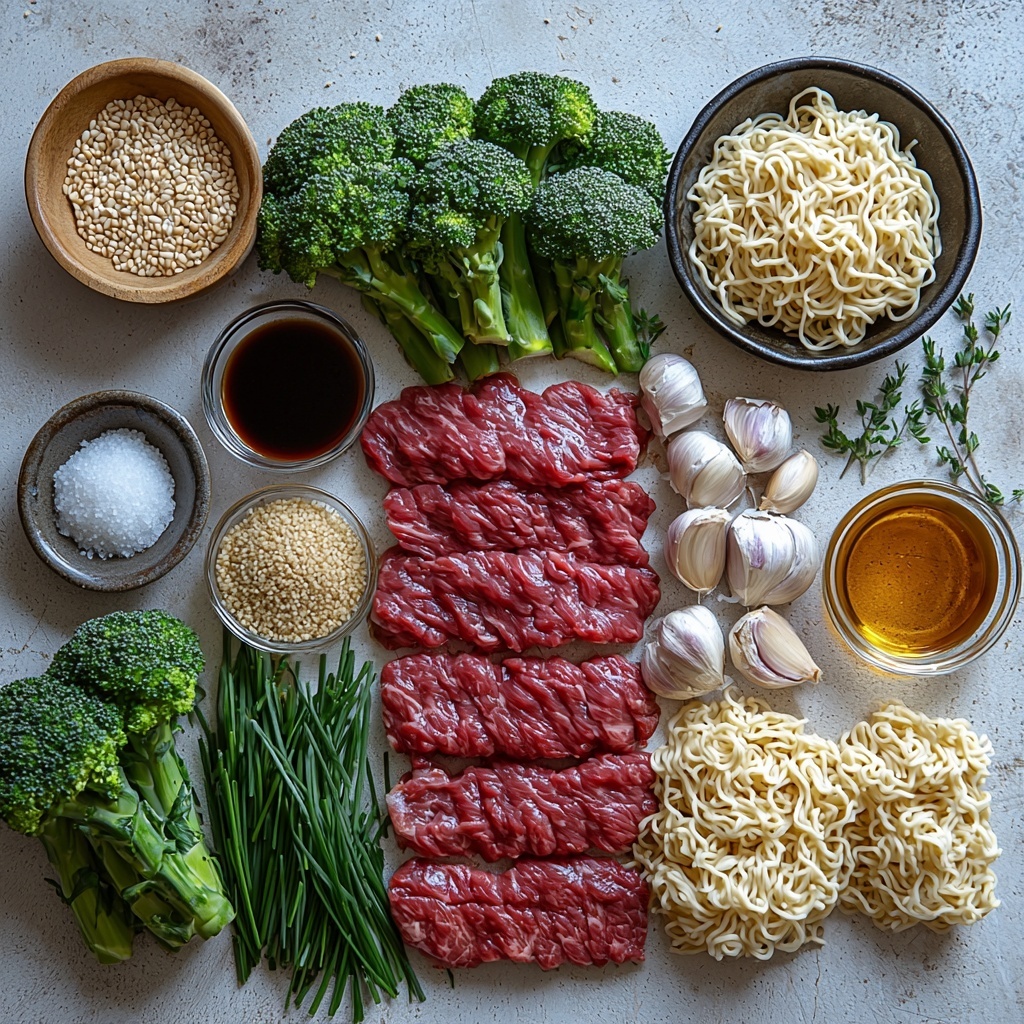 A clean white surface displaying an artfully arranged flat lay of the main ingredients for beef and broccoli ramen stir fry: bright green broccoli florets in a small pile, thinly sliced raw flank steak showcasing marbled deep red meat, two partially unwrapped 3 oz packets of instant ramen noodles with light beige wavy strands visible, a small glass bowl of glossy dark soy sauce mixed with light brown sugar and sesame oil, a separate tiny bowl of translucent warm water, a mound of grated fresh pale yellow ginger, a cluster of peeled garlic cloves alongside a small spoonful of freshly grated garlic, a small dish holding golden olive oil, a scattering of shiny black peppercorns, a small heap of light brown packed brown sugar, a ramekin with white corn starch powder, and thinly sliced vibrant green chives. Nearby, a small dish with toasted sesame seeds adds subtle texture contrast. Natural soft lighting emphasizes the fresh textures and vibrant colors, with slight shadows for depth. The ingredients are spaced yet balanced to showcase their unique shapes and colors, styled with rustic elements like a wooden spoon and linen napkin nearby for a warm, inviting feel. Overhead shot, top down view, flat lay photography, professional food styling --ar 1:1 --q 2 --s 750 --v 6.1