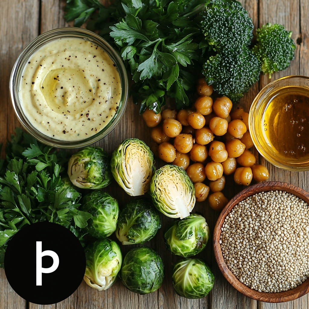 A clean, light wooden surface neatly arranged with fresh, halved bright green brussels sprouts, vibrant dark green broccoli florets, and golden roasted chickpeas with slightly charred spots; a small bowl of creamy, pale beige tahini sauce with a smooth texture; a mound of fluffy, light tan dry quinoa grains; a small pile of deep green flat leaf parsley leaves with delicate serrated edges; glossy lemon wedges showing bright yellow flesh and slightly textured rind; a small glass bowl of rich, dark balsamic vinegar alongside a bottle of golden avocado oil; scattered sprinkles of coarse garlic salt and black peppercorns adding subtle texture contrast; a small ramekin of rustic, grainy yellow mustard; and an elegant bowl holding the vinaigrette made from red wine vinegar, lemon juice, oregano, and seasonings, all arranged organically but balanced on the surface with natural light enhancing the vibrant colors and varied textures — overhead shot, top down view, flat lay photography, professional food styling --ar 1:1 --q 2 --s 750 --v 6.1