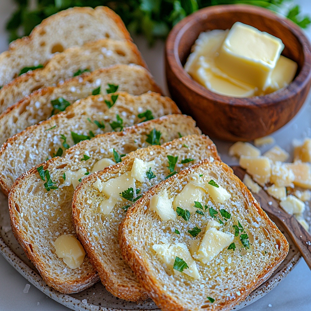 8 slices of sliced bread (white, whole wheat, and sourdough varieties) arranged in a neat fan shape on a clean white marble surface; half cup of softened unsalted butter in a small vintage ceramic bowl showing creamy texture; four garlic cloves, two whole and two minced, scattered artfully beside the bowl; two tablespoons of freshly chopped bright green parsley loosely piled next to the garlic; quarter teaspoon of coarse salt crystals sprinkled subtly on the surface near the ingredients; half cup of finely grated Parmesan cheese in a small rustic wooden dish with some cheese sprinkled lightly around it; wooden butter knife with a slight smear of butter resting diagonally; warm natural lighting highlighting the contrasting textures of the soft bread, creamy butter, fresh herbs, and granular cheese; subtle shadows creating depth, clean minimalistic background with no clutter to emphasize freshness and simplicity; overhead shot, top down view, flat lay photography, professional food styling --ar 1:1 --q 2 --s 750 --v 6.1