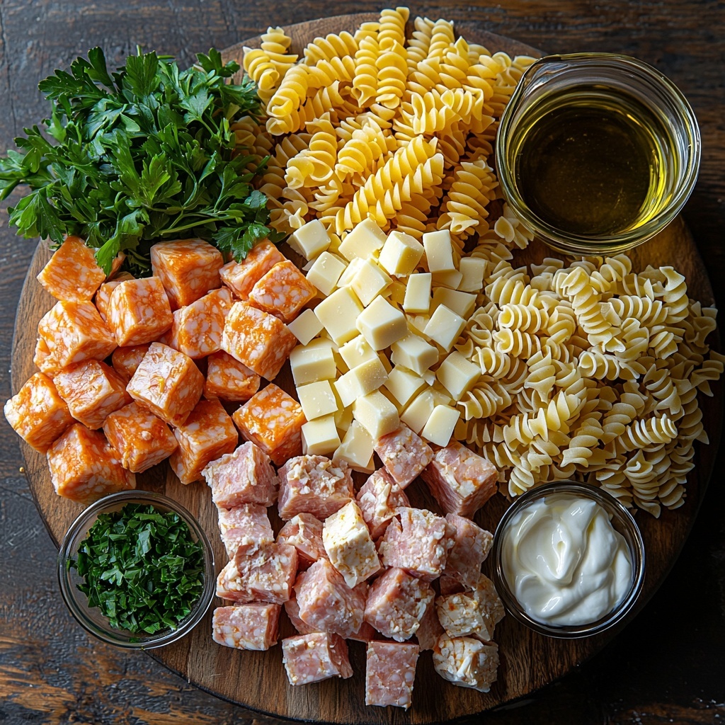 1 lb sliced turkey sausage with browned edges, raw diced boneless skinless chicken breasts, uncooked rotini pasta spirals, a small bowl of golden olive oil, diced white onion pieces, three peeled garlic cloves, a heap of shredded creamy orange and white Pepper Jack cheese, a small pile of finely grated pale Parmesan cheese, a glass measuring cup filled with light golden chicken broth, a small bowl of thick white heavy cream, sprigs of fresh bright green chopped parsley scattered around, a rustic wooden cutting board and a clean white marble surface underneath. The ingredients are thoughtfully spaced with contrasting colors and textures—glossy sausage slices, soft chicken chunks, rough shredded cheese, smooth broth and cream—with natural light casting soft shadows to enhance depth and freshness. Overhead shot, top down view, flat lay photography, professional food styling --ar 1:1 --q 2 --s 750 --v 6.1