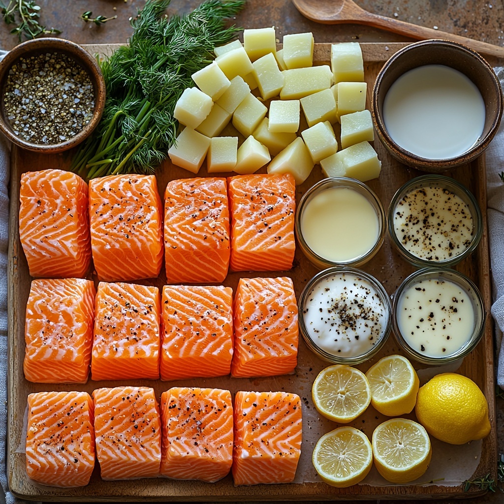 fresh salmon fillet chunks with a soft pink hue, peeled and cubed Yukon Gold potatoes showing their creamy yellow interior, finely chopped medium onion with translucent white layers, peeled and diced bright orange carrots, chopped vibrant green celery stalks, minced garlic cloves off-white and finely textured, a small dish of golden olive oil or a pat of creamy butter, a bay leaf with deep green color, dried thyme sprigs with muted green tones and fresh thyme sprigs with bright green leaves, a small bowl of low-sodium fish stock or chicken broth with a light amber tint, cups of whole milk and heavy cream both creamy white and smooth, a small bunch of chopped fresh dill bright green and feathery, a halved lemon showing juicy yellow flesh, scattered salt crystals and black peppercorns adding texture, all neatly arranged on a clean white or light wooden surface with natural soft light casting gentle shadows, accented with rustic elements like a wooden spoon and linen napkin for warmth, emphasizing fresh, vibrant colors and varied textures, overhead shot, top down view, flat lay photography, professional food styling --ar 1:1 --q 2 --s 750 --v 6.1