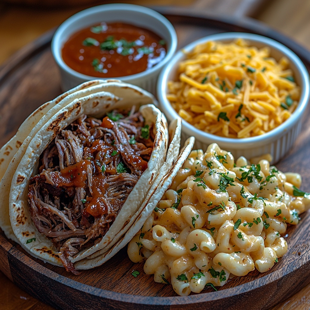 2 burrito-sized soft flour tortillas neatly stacked, a small ceramic bowl of rich reddish-brown barbecue sauce with a glossy texture, a rustic wooden plate holding 4 ounces of tender, shredded pulled pork with visible juicy strands, a small white ramekin filled with creamy, golden macaroni and cheese, sprinkled lightly with melted cheddar cheese, a loose pile of shredded triple cheddar cheese with vibrant orange and yellow hues scattered on the side, all arranged artfully on a clean, light wood surface with natural light casting soft shadows, minimal props to emphasize textures and colors, a casual yet refined styling with slight crumbs and sauce drips to add authenticity, overhead shot, top down view, flat lay photography, professional food styling --ar 1:1 --q 2 --s 750 --v 6.1
