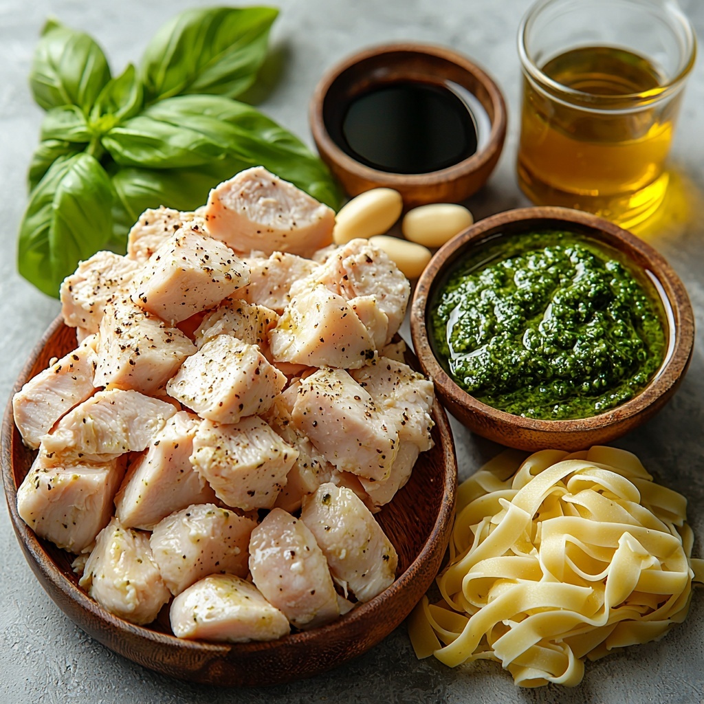 boneless skinless chicken breasts cut into bite-sized pieces, minced fresh garlic cloves, uncooked fettuccine pasta arranged in a loose nest, a small bowl of heavy cream with smooth texture, a vibrant green bowl of pesto sauce with visible basil leaves and pine nuts, grated Parmesan cheese heap showing fine, fluffy texture, a small glass bowl of golden olive oil with glossy surface, a small dish of low-sodium soy sauce with dark, glossy finish; all ingredients neatly arranged on a clean white surface with natural light highlighting the fresh colors and textures, subtle shadows for depth, minimalistic and organized composition with a balance of shapes and colors, emphasis on the fresh green of pesto and the creamy whites contrasted with warm tones of chicken and pasta, clean and sharp focus, overhead shot, top down view, flat lay photography, professional food styling --ar 1:1 --q 2 --s 750 --v 6.1