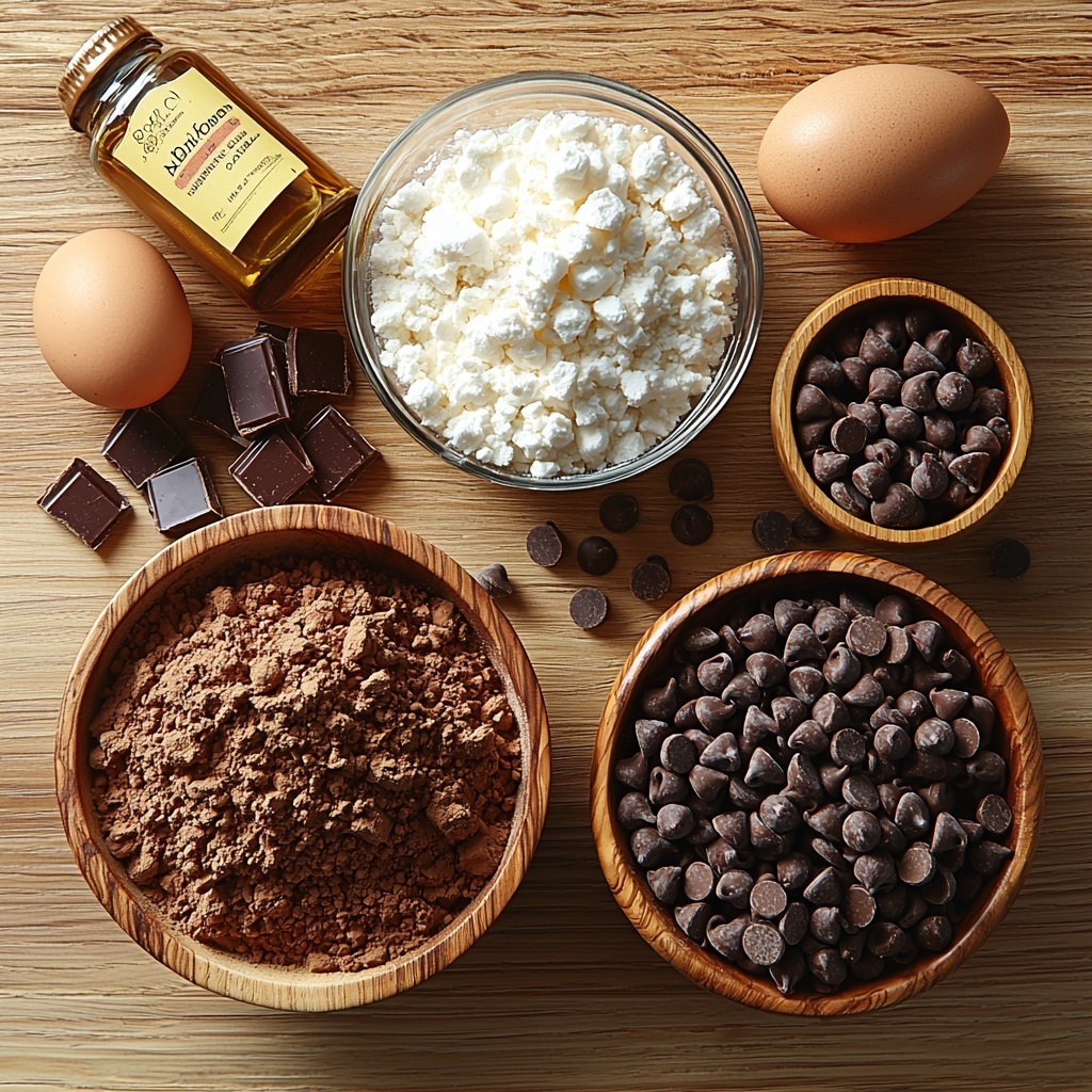 Unsalted butter cut into a neat block, granulated sugar in a small glass bowl showing sparkling white crystals, rich brown sugar piled loosely with a slightly moist texture, three large brown eggs with smooth shells, a small bottle of vanilla extract with amber liquid, a heap of all-purpose flour with fine powdery texture, a mound of deep dark unsweetened cocoa powder with velvety surface, a small bowl of white fluffy marshmallow fluff with glossy peaks, creamy peanut butter spread in a rustic dollop showcasing smooth and slightly oily texture, and a small bowl of shiny dark chocolate chips, all arranged artfully on a clean light wooden surface with soft natural light highlighting the varied textures and warm earthy tones, some ingredients slightly overlapping and others spaced for visual balance, minimal props like a wooden spoon and a clean linen cloth subtly included, shadows soft and diffused, colors rich and inviting, overhead shot, top down view, flat lay photography, professional food styling --ar 1:1 --q 2 --s 750 --v 6.1