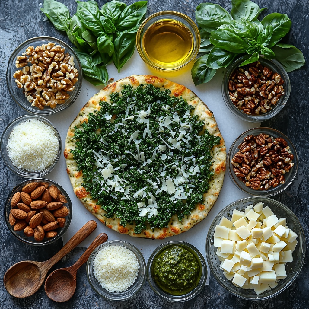 A vibrant flat lay of fresh ingredients for Super Green Kale Pesto Pizza arranged neatly on a clean white marble surface. Central focus on a round pre-made pizza crust with a rustic texture, surrounded by small glass bowls containing bright green chopped kale leaves, deep emerald fresh basil leaves, crunchy light brown walnut halves, and finely grated pale ivory Parmesan cheese. Two whole cloves of garlic with papery white skin lie next to a small clear glass bowl of rich, golden olive oil. Scattered coarse sea salt crystals and whole black peppercorns add contrast and texture around the scene. A small pile of shredded creamy white mozzarella cheese adds softness to the composition. Natural daylight highlights the varied textures—leafy greens, nutty walnuts, and creamy cheese—emphasizing freshness. Minimal shadows, airy and bright styling, with wooden spoons and a crisp linen napkin subtly placed off-frame to enhance the artisanal feel. overhead shot, top down view, flat lay photography, professional food styling --ar 1:1 --q 2 --s 750 --v 6.1