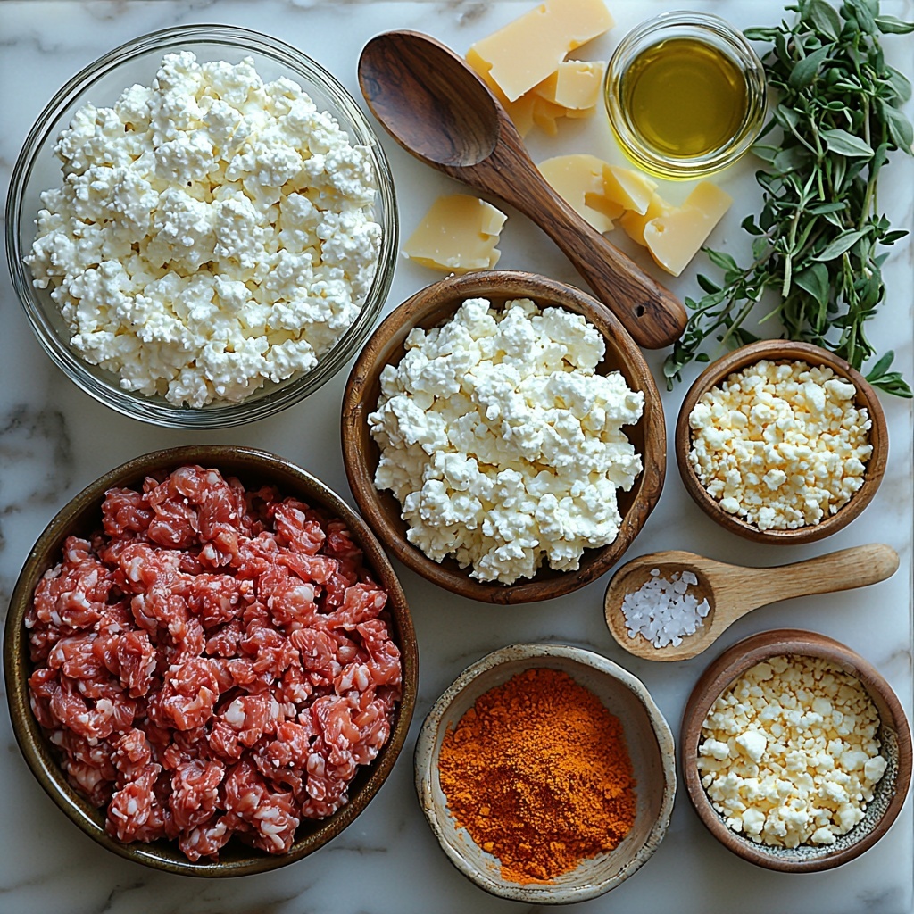 Crisp flat lay arrangement of ingredients for Cottage Cheese Queso with Ground Beef on a clean white marble surface: a small glass bowl of golden olive oil glistening under soft light; raw lean ground beef portioned in a rustic ceramic dish, rich red with marbling; a wooden spoon sprinkled with vibrant reddish-brown taco seasoning powder; a clear measuring cup filled with smooth low-fat cottage cheese, creamy white and slightly textured; a small bowl brimming with finely grated sharp cheddar cheese, bright orange-yellow with delicate shreds; a tiny jar of pale golden nutritional yeast flakes, light and flaky; a small pinch bowl of coarse sea salt crystals sparkling subtly; all elements spaced evenly with natural shadows, styled with minimal rustic props like a wooden cutting board edge and fresh dried herbs for warmth, soft natural lighting emphasizing the distinct textures and vibrant colors, overhead shot, top down view, flat lay photography, professional food styling --ar 1:1 --q 2 --s 750 --v 6.1