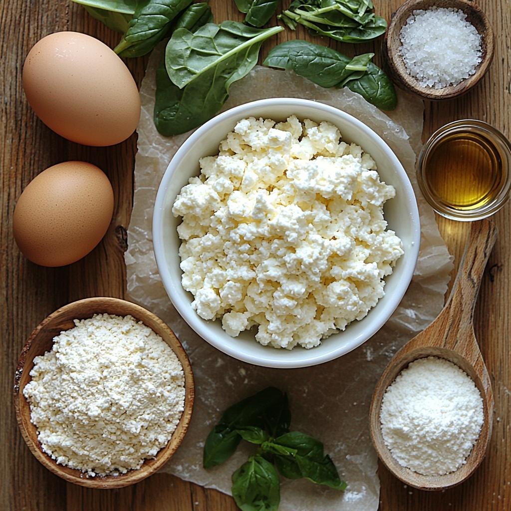 Cottage cheese in a small white bowl, creamy and thick texture; two tablespoons of golden olive oil in a small glass dish, glistening under soft light; one large brown egg with smooth shell resting nearby; a neat pile of fine, white all-purpose flour on natural brown parchment paper; a small heap of sparkling white baking powder in a tiny ceramic spoon; coarse sea salt crystals scattered delicately beside it; vibrant, fresh baby spinach leaves finely chopped, bright green with fresh veins visible; shredded mozzarella cheese piled loosely, soft and stringy with a pale ivory color; all ingredients thoughtfully spaced and arranged on a clean, light wood surface with warm natural light enhancing their colors and textures, a few rustic kitchen props like a wooden spoon and linen napkin for subtle accents, shadows soft and diffuse creating a cozy inviting atmosphere, minimalistic and fresh styling emphasizing natural beauty, vibrant colors pop against neutral background overhead shot, top down view, flat lay photography, professional food styling --ar 1:1 --q 2 --s 750 --v 6.1