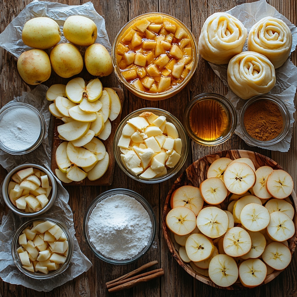 A clean, light wooden surface neatly arranged with the main ingredients of a Cinnamon Roll Apple Pie: a shiny, opened can of golden apple pie filling spilling slightly next to a small heap of peeled, thinly sliced crisp apples showing their pale cream color; a small glass bowl with sparkling white sugar crystals; a small cup holding amber-hued cinnamon powder; a pat of smooth, golden butter resting on white parchment paper; a small dish with fine white cornstarch powder; two clear glass bowls with sparkling water; and a package of soft, fluffy refrigerated cinnamon rolls with visible swirls of dough, partially unrolled on a crisp white linen cloth. The colors are warm and natural, featuring creamy whites, soft yellows, rich browns, and shiny glass accents. Textures vary from the powdery sugar and cinnamon to the juicy apples and glossy pie filling. The ingredients are spaced evenly with gentle shadows, styled with minimal rustic props like a wooden spoon and a cinnamon stick to enhance the autumnal, cozy vibe. The overall composition is bright and airy, styled for an inviting, clean, professional food photo. overhead shot, top down view, flat lay photography, professional food styling --ar 1:1 --q 2 --s 750 --v 6.1