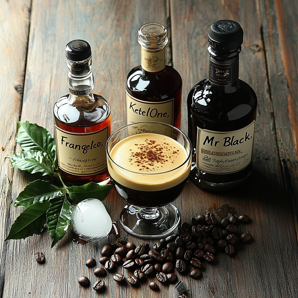 A clean, light wooden surface with a neatly arranged flat lay of ingredients for an Espresso Martini: a small glass bottle of clear vodka labeled “Ketel One,” a dark glass bottle of coffee liqueur labeled “Mr Black,” a small clear espresso cup with rich dark brown espresso showing creamy crema on top, a small glass bottle of amber hazelnut liqueur labeled “Frangelico,” two or three large clear ice cubes with subtle reflections, and a small pile of glossy dark brown coffee beans scattered artfully near the bottles. Soft natural light highlights the smooth glass textures and the rich contrasting colors of liquids—deep blacks, warm ambers, and creamy browns—while subtle shadows add depth. Minimalist styling with a few green coffee plant leaves gently placed for a pop of color and organic feel, creating a balanced and inviting composition. Overhead shot, top down view, flat lay photography, professional food styling --ar 1:1 --q 2 --s 750 --v 6.1