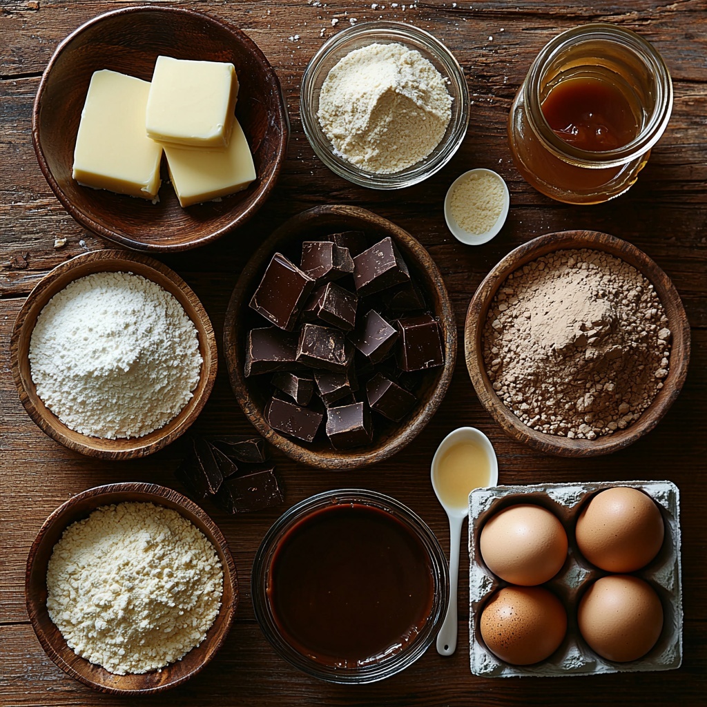 butter (softened) in a small vintage dish, white granulated sugar and light brown sugar in clear glass bowls, four fresh brown eggs arranged neatly in a rustic carton edge, a small glass jar of golden vanilla extract, white all-purpose flour and pale beige cake flour each in small ceramic ramekins, dark brown cocoa powder in a wooden bowl with a delicate dusting around the edge, fine granules of salt in a tiny white porcelain spoon, a heap of glossy semi-sweet chocolate chunks scattered artfully, optional jar of rich amber dulce de leche with a small spoon for swirling, all ingredients placed on a smooth, clean light wooden surface with natural soft morning light casting gentle shadows, minimalistic styling with a hint of rustic charm, slight texture contrasts from smooth butter to powdery flour, warm inviting color palette of browns, whites, and creams, overall harmonious and balanced composition for a cozy baking vibe overhead shot, top down view, flat lay photography, professional food styling --ar 1:1 --q 2 --s 750 --v 6.1