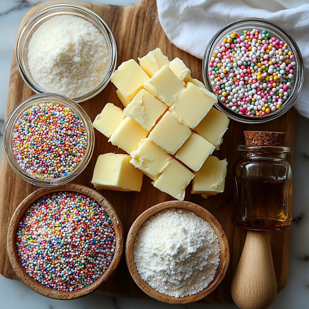 butter (soft, pale yellow block), granulated sugar (crystal white, in small clear glass bowls), all-purpose flour (fine white powder, gently mounded on a wooden scoop), vanilla extract (small amber glass bottle with cork stopper), rainbow sprinkles/nonpareils (colorful tiny round bits scattered lightly on a white ceramic dish); all ingredients neatly arranged on a clean, light marble surface with soft natural lighting highlighting textures—the smooth creaminess of butter, sparkling sugar crystals, flour’s delicate powderiness, and vibrant sprinkles adding playful pops of color; minimalistic white linen napkin folded beside ingredients, subtle shadows for depth, and gentle reflections on glass containers for elegance overhead shot, top down view, flat lay photography, professional food styling --ar 1:1 --q 2 --s 750 --v 6.1
