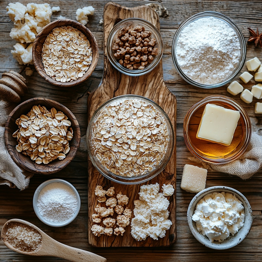 3 cups 1-minute oats in a clear glass bowl with visible texture, next to 3 cups bread flour in a white ceramic bowl showing fine powder, a small wooden spoon holding ground cinnamon powder with warm brown tones, a small white dish with fine white cornstarch, a small dish with light beige baking powder, a tiny bowl of salt crystals, a rustic jar filled with packed light brown sugar showing rich caramel hues, a small bowl of pale yellow butter flavored vegetable shortening with a creamy texture, a white bowl with smooth mashed banana in soft yellow tones, a small glass bowl of golden light corn syrup catching light, a small glass bottle of vanilla extract with dark amber liquid, a block of softened cream cheese on a wooden board with a silver knife, a small pat of softened unsalted butter on parchment paper, a bowl overflowing with fine white powdered sugar, a small glass of heavy whipping cream with a smooth reflective surface, all neatly arranged on a clean light wooden surface with natural soft daylight highlighting textures and colors, minimal rustic props like a linen napkin and wooden spoons, shadows subtle and soft, colors warm and inviting, composition balanced with space around each ingredient for clarity, overhead shot, top down view, flat lay photography, professional food styling --ar 1:1 --q 2 --s 750 --v 6.1
