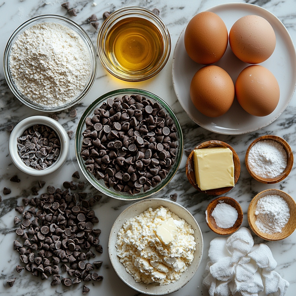 semi-sweet chocolate chips in a small glass bowl, golden melted butter in a clear ramekin, a white ceramic bowl with granulated sugar, four large brown eggs arranged neatly, a heap of all-purpose flour on a white plate, vibrant green liquid food coloring in a small glass bottle, measuring spoons with baking powder and salt, a vanilla bean pod next to a small jar of vanilla extract, an 8-ounce block of cream cheese softened on parchment paper, a small bowl of softened butter, a mound of powdered sugar on a white surface, all ingredients arranged artfully on a clean white marble countertop with soft natural lighting casting gentle shadows, textures of smooth butter and glossy chocolate, fine powdery sugar, and fresh eggshells visible, minimalistic rustic styling with a touch of greenery for freshness, a white linen napkin partially folded on the side, overhead shot, top down view, flat lay photography, professional food styling --ar 1:1 --q 2 --s 750 --v 6.1