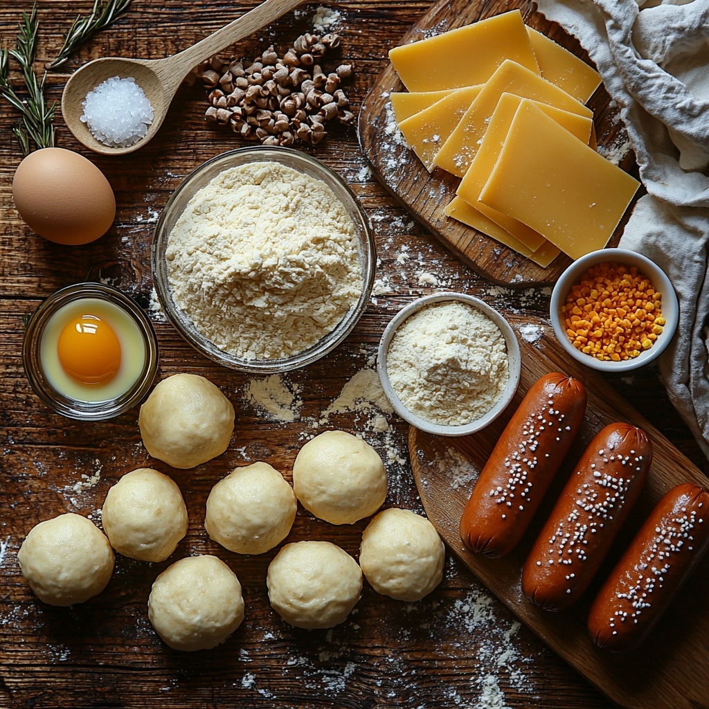 Soft pretzel dough pieces in smooth off-white balls dusted lightly with flour, a small bowl of warm water slightly steamy, a heap of golden all-purpose flour with a wooden scoop, a small glass bowl with active dry yeast granules beside a white ceramic spoon of granulated sugar, coarse salt crystals scattered artfully, a large brown egg cracked open with beaten yellow yolk in a glass bowl, bright orange cheddar cheese slices folded neatly, plump reddish-brown hot dogs with smooth glossy skin arranged in a line, a small white bowl of mustard with a rich golden hue for dipping sauce, rustic wooden surface as the base, natural soft window light casting gentle shadows, minimal white linen napkin slightly crumpled adding texture, overhead shot, top down view, flat lay photography, professional food styling --ar 1:1 --q 2 --s 750 --v 6.1