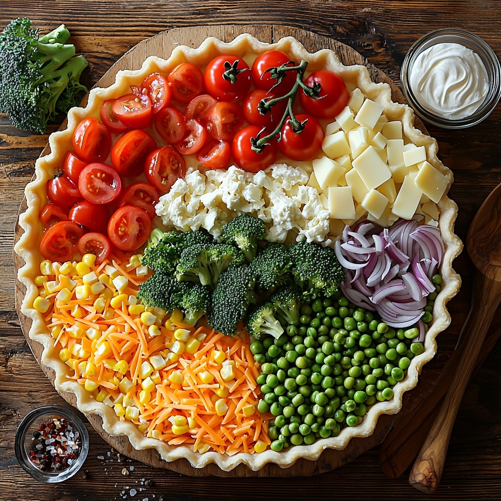A clean, light wooden surface featuring an artfully arranged flat lay of ingredients for a mixed vegetable quiche: a round, unbaked 10–11 inch pie crust with fluted edges placed slightly off-center; vibrant green broccoli florets clustered neatly; bright red cherry or Roma tomato slices fanned out to show juicy interiors; thinly sliced red onion rings layered delicately; small piles of fresh green peas and golden yellow corn kernels adding pops of color; three large brown eggs with smooth shells positioned near a small bowl of creamy white sour cream; a heap of shredded mild cheese with soft, slightly curly strands; a small glass dish of golden olive oil reflecting light; a wooden spoon sprinkled with coarse Italian-style dried herbs, coarse salt crystals, and freshly cracked black pepper; scattered fresh herb leaves for contrast and texture; natural soft daylight casting gentle shadows enhancing the vivid colors and varied textures—bright, fresh, inviting, with balanced spacing and a harmonious composition. Overhead shot, top down view, flat lay photography, professional food styling --ar 1:1 --q 2 --s 750 --v 6.1