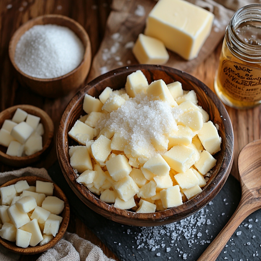 King Arthur unbleached all-purpose flour in a small wooden bowl with a dusting of flour scattered around, granulated sugar in a clear glass bowl sparkling under soft light, a small dish with table salt crystals, cold unsalted butter cut into neat pats resting on parchment paper showing smooth creamy texture, ice cold water in a small glass measuring cup with condensation droplets, a cluster of medium Pink Lady apples showcasing vibrant red and rosy pink hues with natural waxy shine, peeled apple slices arranged in a rustic ceramic dish highlighting their pale, creamy flesh, more granulated sugar in a rustic pile on the surface with slight granule texture visible, cubed room temperature unsalted butter with soft edges on a slate board, a small jar of golden apple cider vinegar catching light, a tiny bottle of King Arthur pure vanilla extract with a vintage label, and a small pinch bowl of table salt shimmering subtly. All ingredients are thoughtfully spaced on a clean, light wooden surface with natural soft daylight emphasizing warm tones and fresh textures. Subtle shadows add depth while maintaining an airy and inviting feel; neutral linen napkin and vintage kitchen tools like a melon baller and wooden spatula casually placed to enhance composition without clutter. overhead shot, top down view, flat lay photography, professional food styling --ar 1:1 --q 2 --s 750 --v 6.1