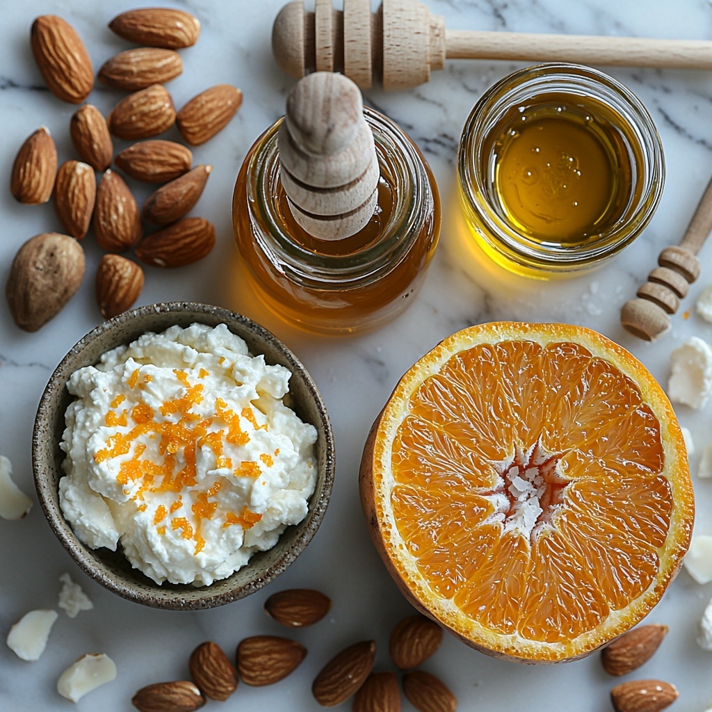 sweet potatoes whole and halved showing vibrant orange flesh, small bowl of creamy white ricotta cheese topped with bright orange zest, glass jar of golden honey with honey dipper, small dish of sliced toasted almonds with warm brown tones, fresh whole orange with textured peel, small bottle of olive oil with a glistening sheen, vanilla bean pod and a pinch of flaky sea salt scattered artfully, all arranged neatly on a clean white marble surface for contrast, natural soft daylight highlighting the rich colors and textures, subtle shadows for depth, minimal rustic props like wooden spoon and linen napkin to add warmth, overhead shot, top down view, flat lay photography, professional food styling --ar 1:1 --q 2 --s 750 --v 6.1